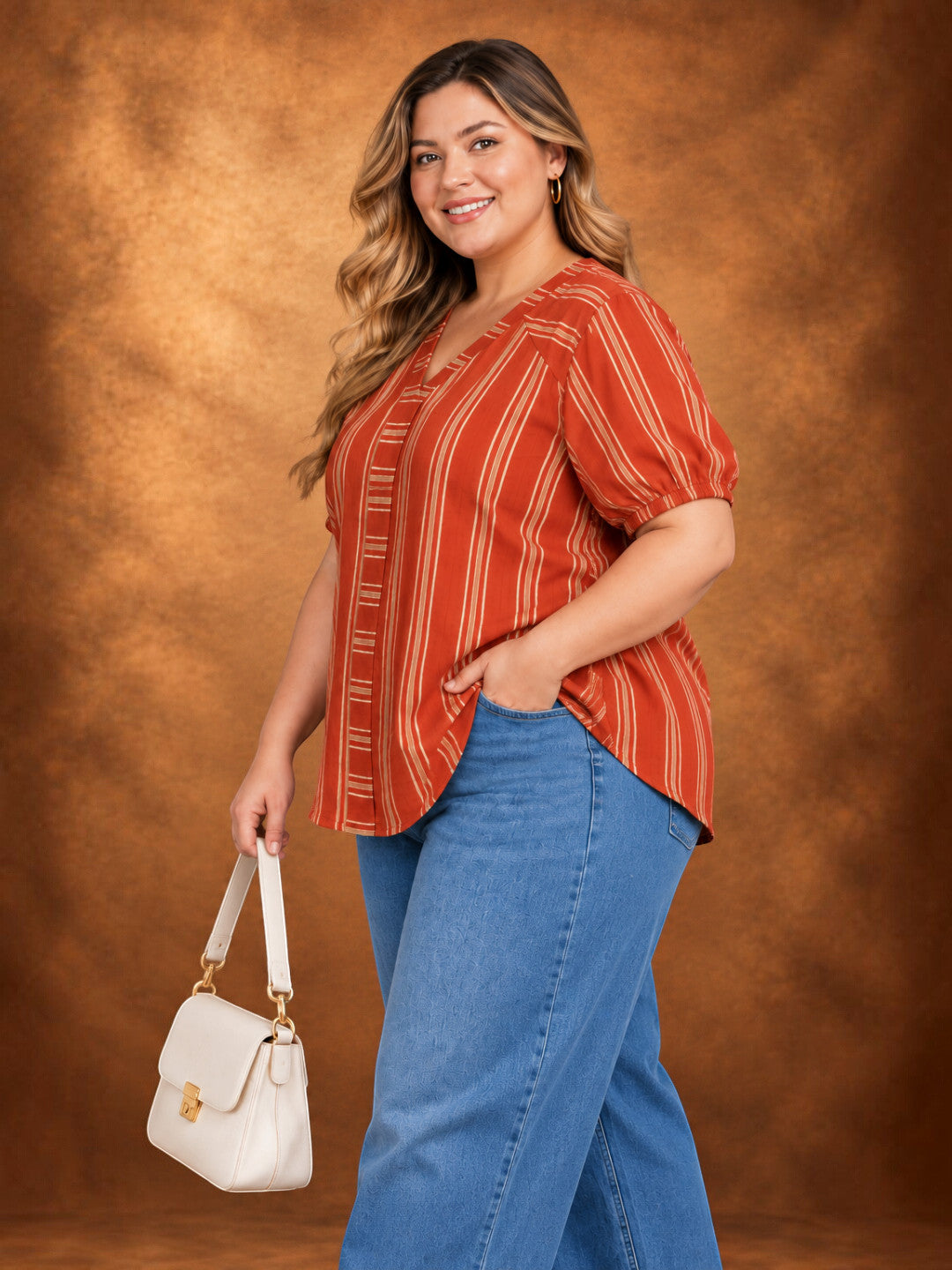 Plus Size Brown Stripe Cotton Half Sleeve Top by Oxolloxo - image 2