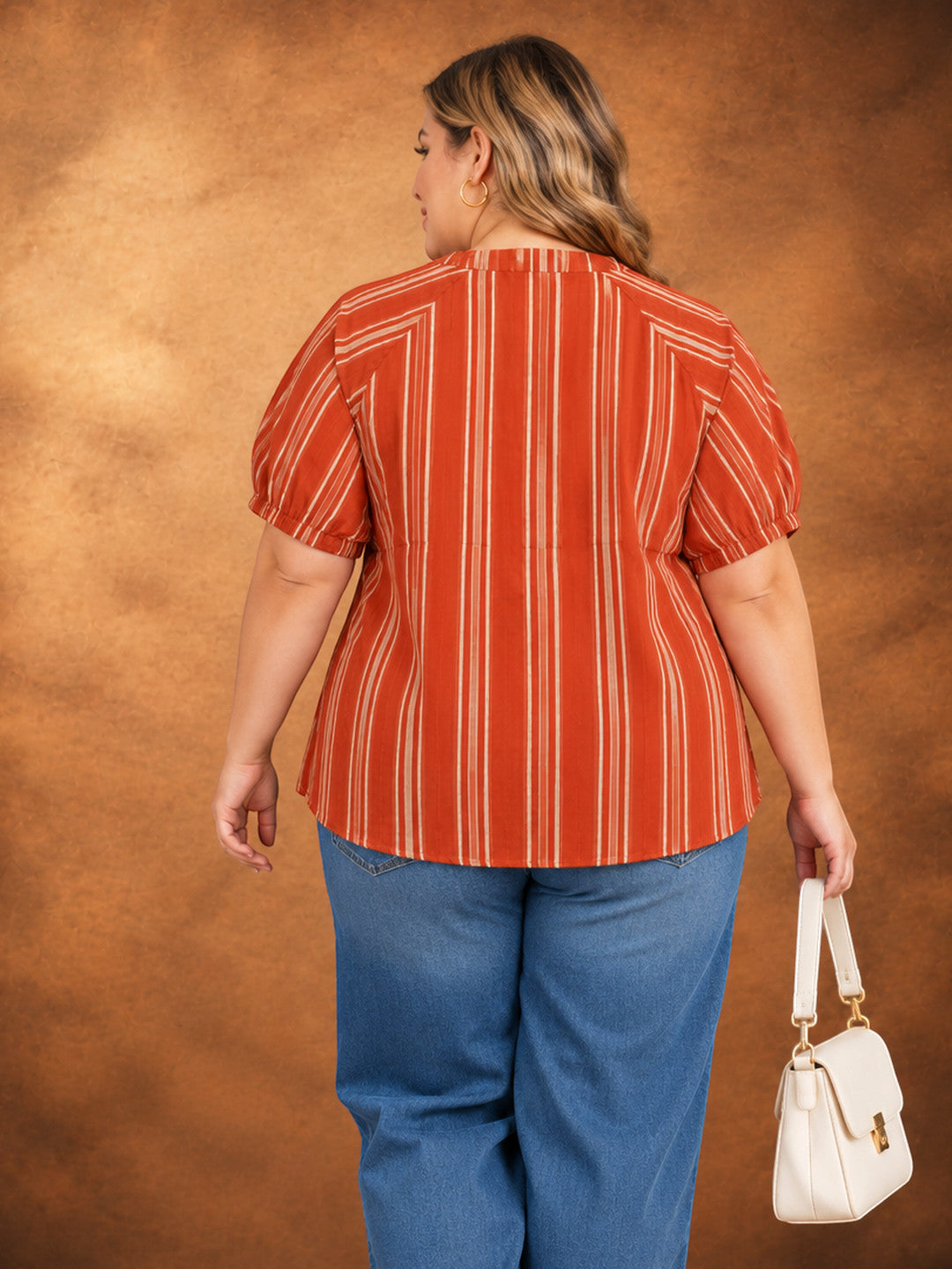 Plus Size Brown Stripe Cotton Half Sleeve Top by Oxolloxo - image 3
