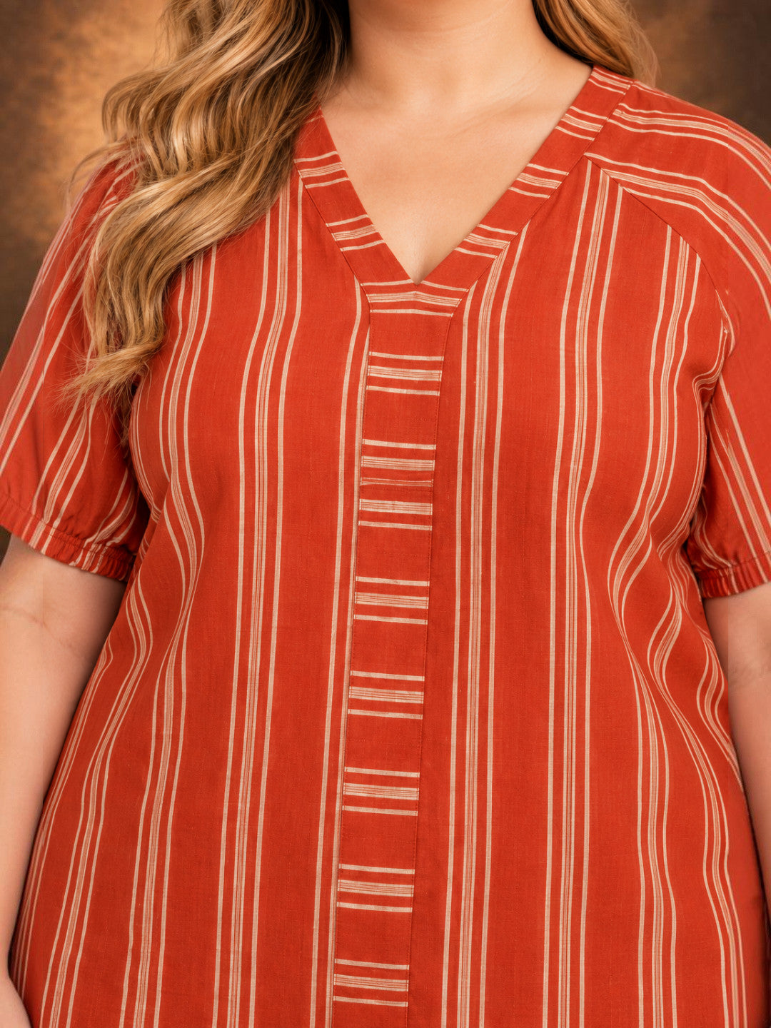 Plus Size Brown Stripe Cotton Half Sleeve Top by Oxolloxo - image 4