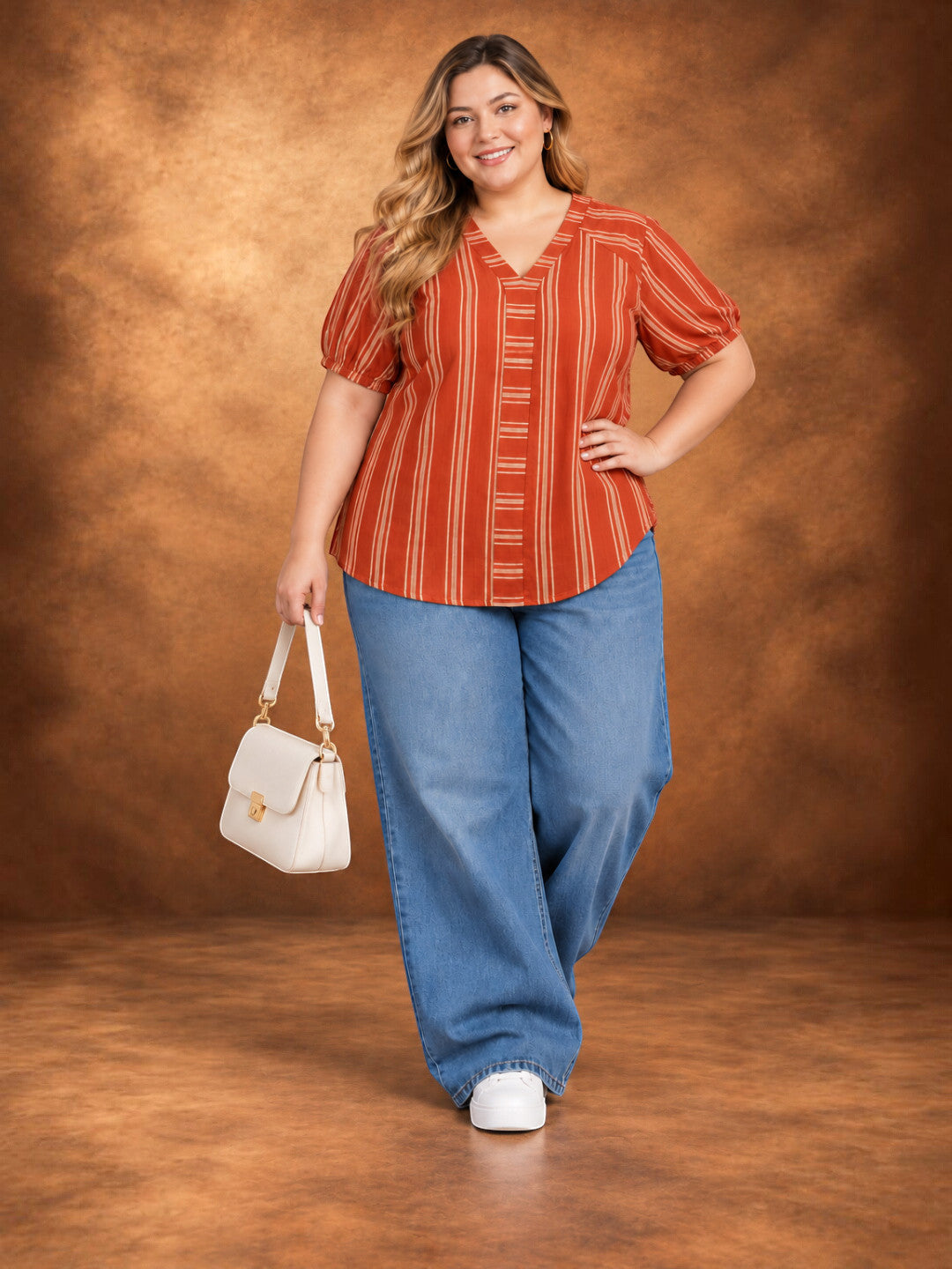 Plus Size Brown Stripe Cotton Half Sleeve Top by Oxolloxo - image 5