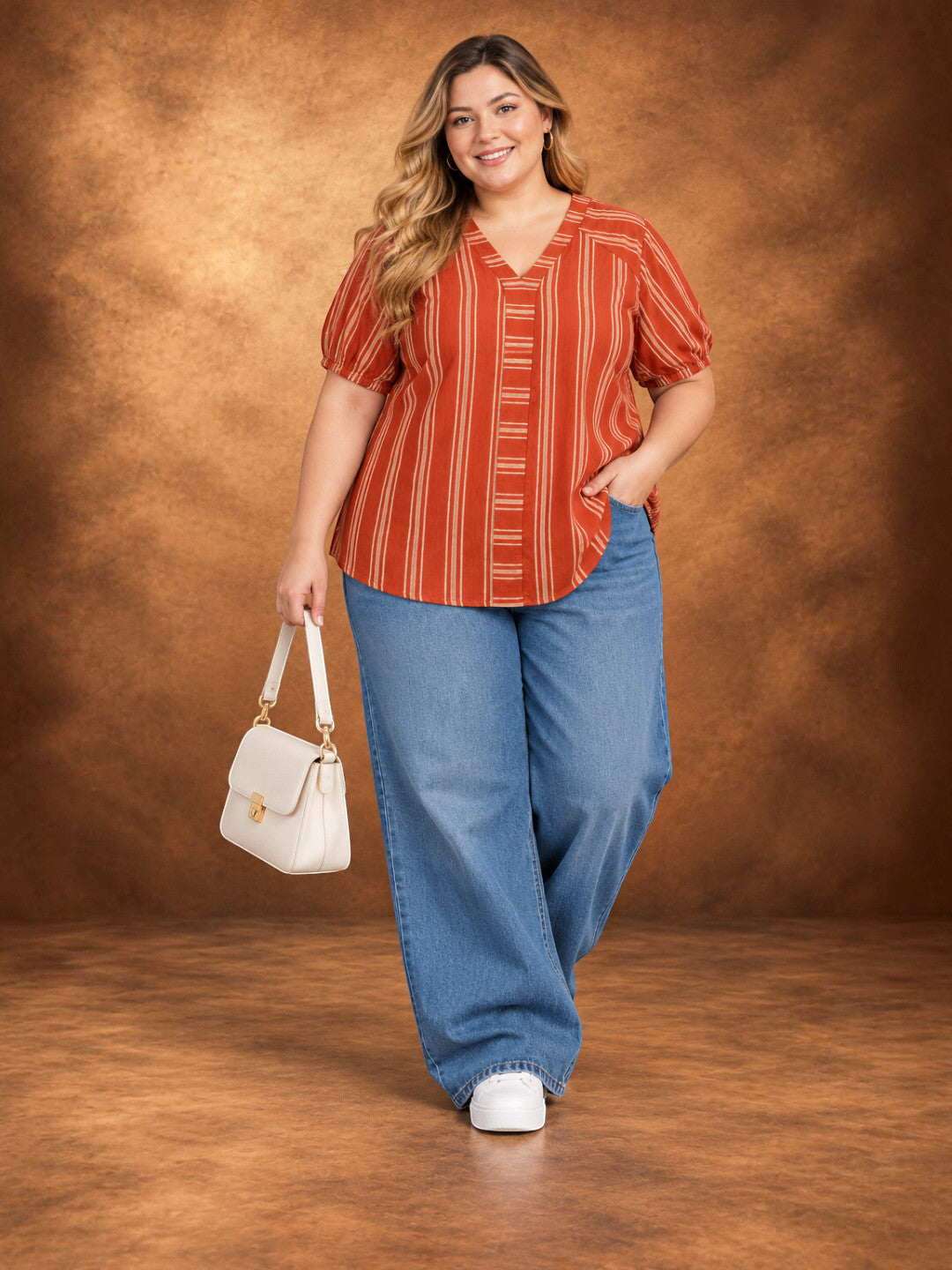 Plus Size Brown Stripe Cotton Half Sleeve Top by Oxolloxo - image 6