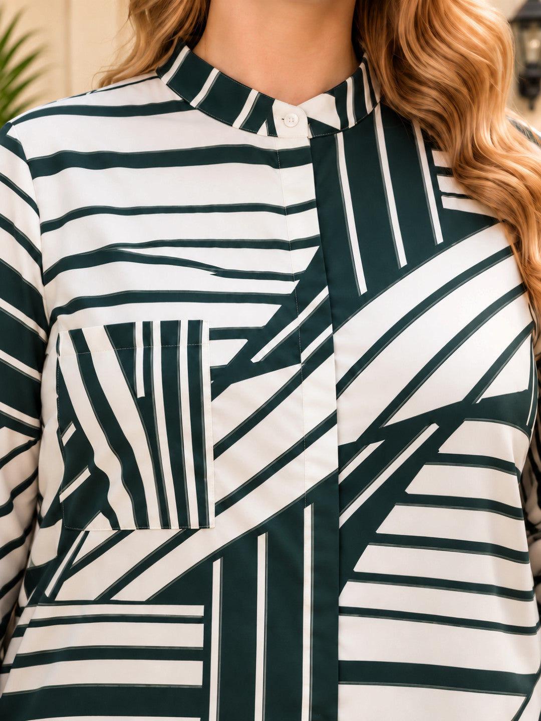 Plus Size Geometric Print Satin Shirt by Oxolloxo - image 4