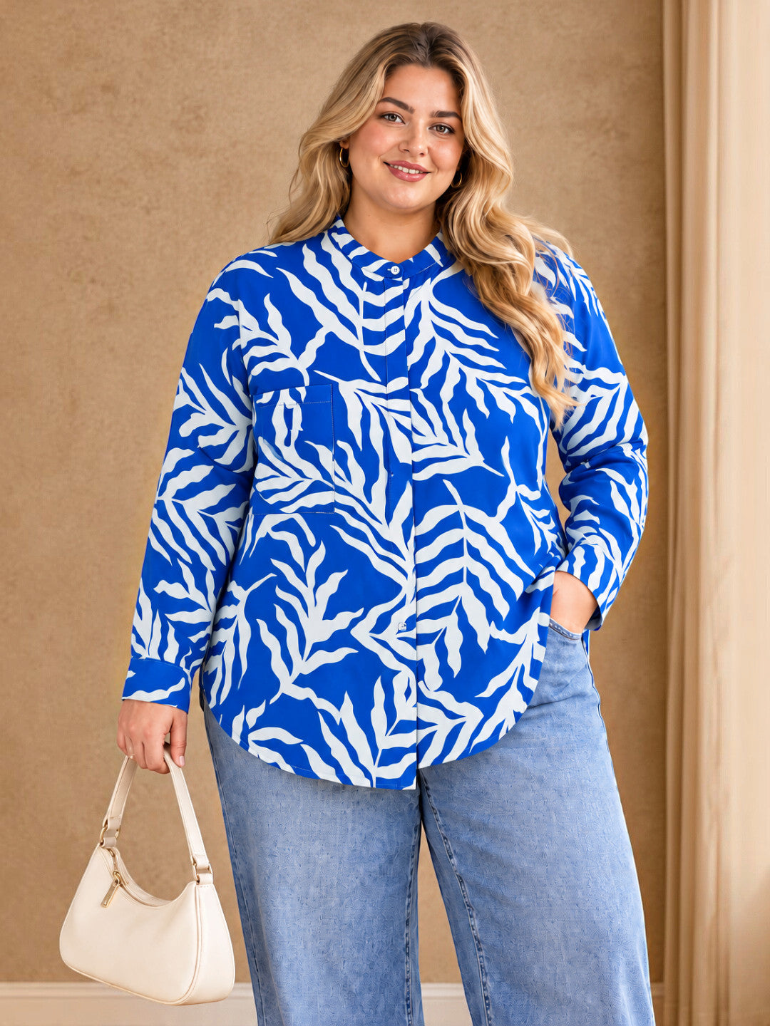 Plus Size Blue Tropical Print Satin Shirt by Oxolloxo