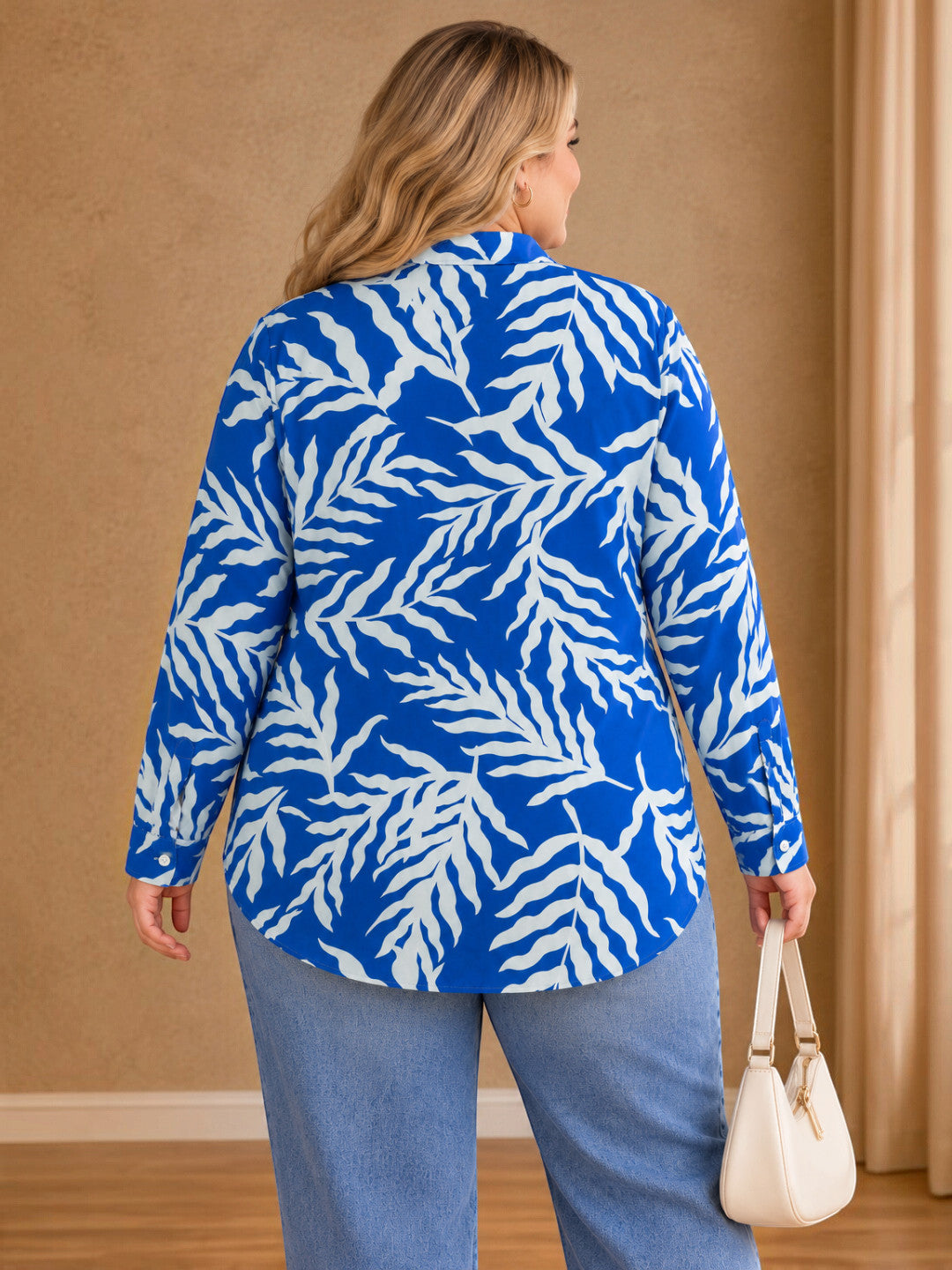 Plus Size Blue Tropical Print Satin Shirt by Oxolloxo - image 3
