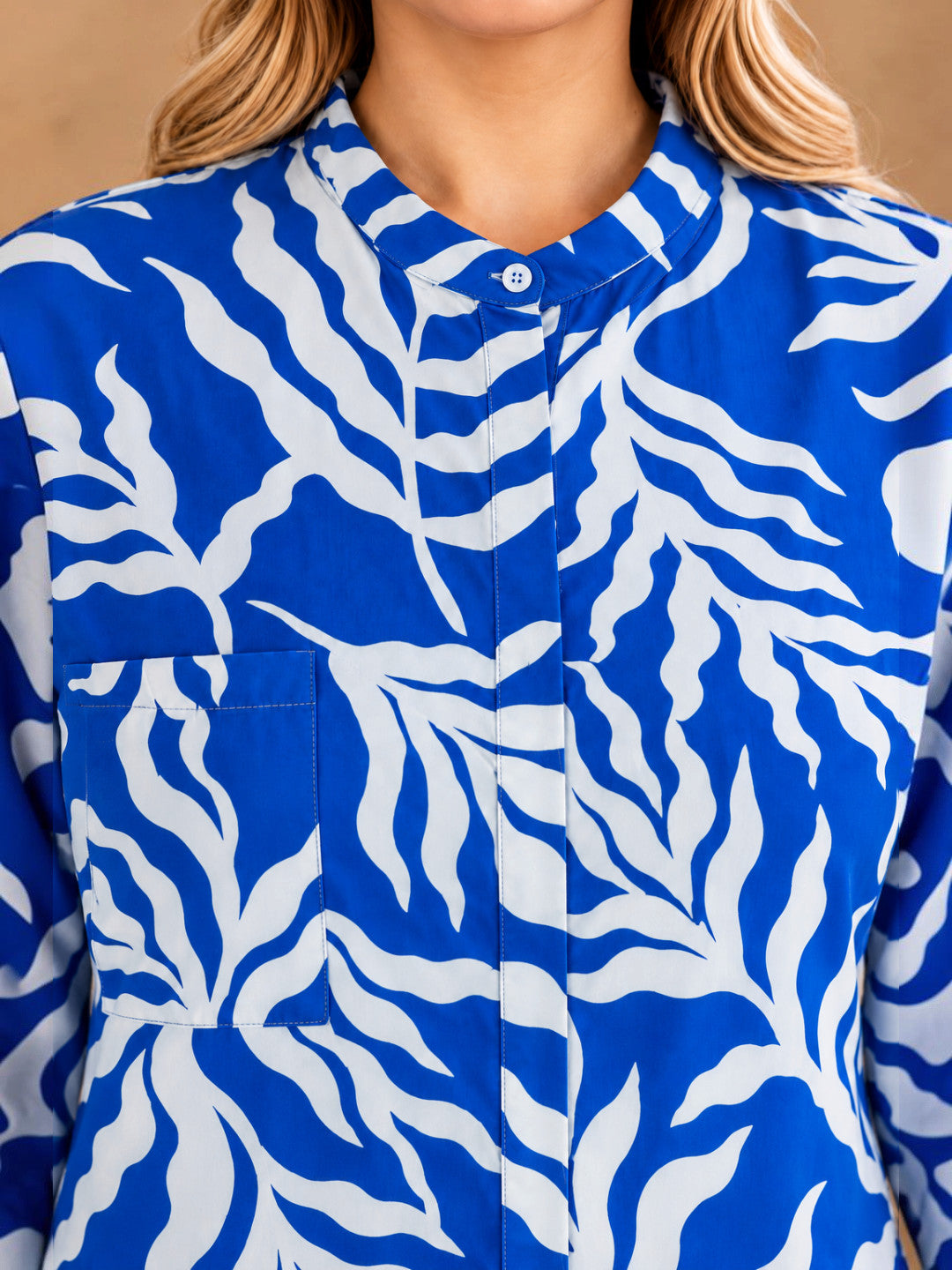 Plus Size Blue Tropical Print Satin Shirt by Oxolloxo - image 4