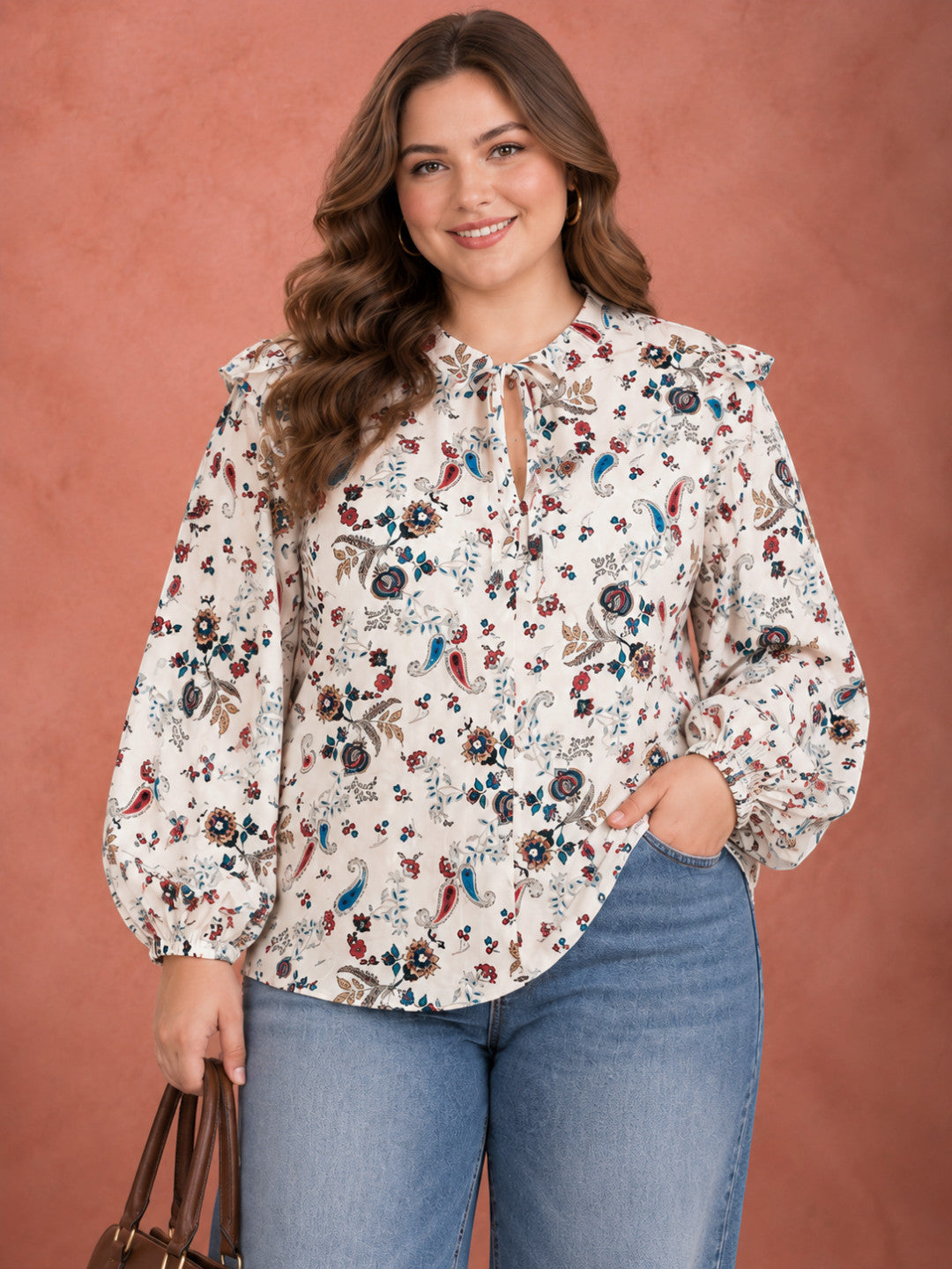 Plus Size White Floral Tie Neck Ruffle Top by Oxolloxo