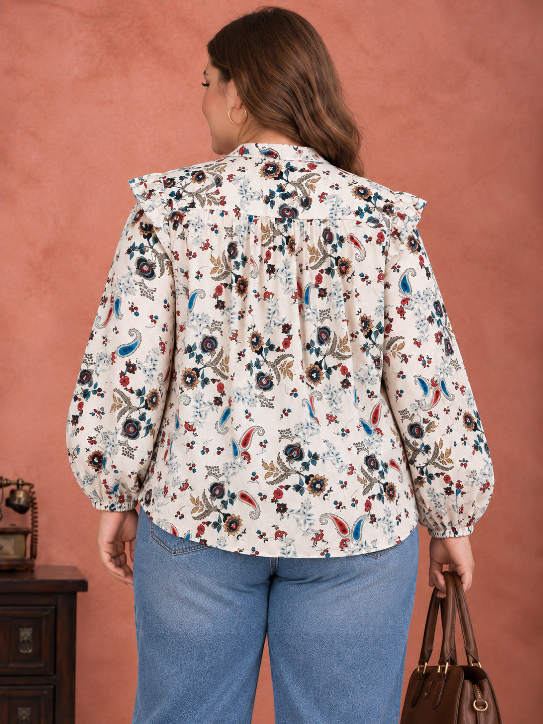 Plus Size White Floral Tie Neck Ruffle Top by Oxolloxo - image 3