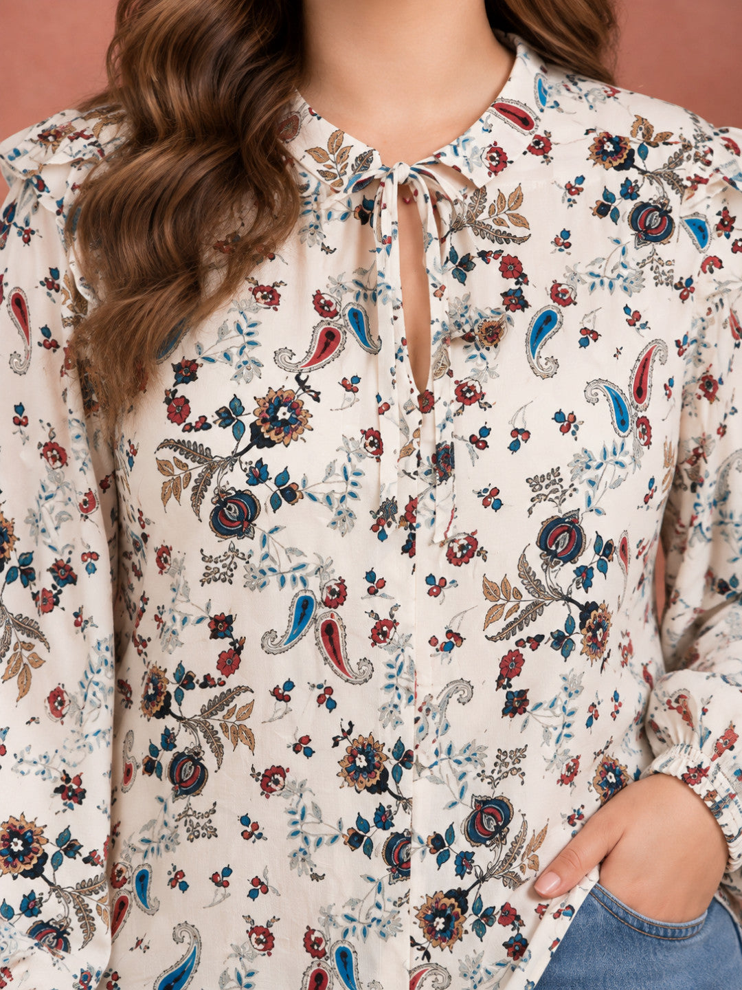 Plus Size White Floral Tie Neck Ruffle Top by Oxolloxo - image 4