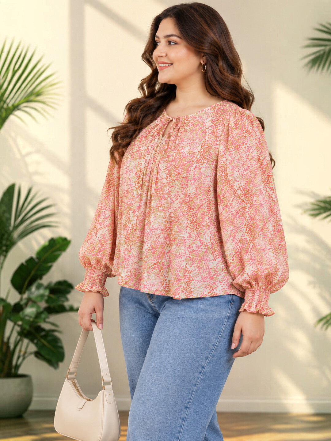 Plus Size Geometric Print Pleated Tie Knot Top by Oxolloxo - image 2
