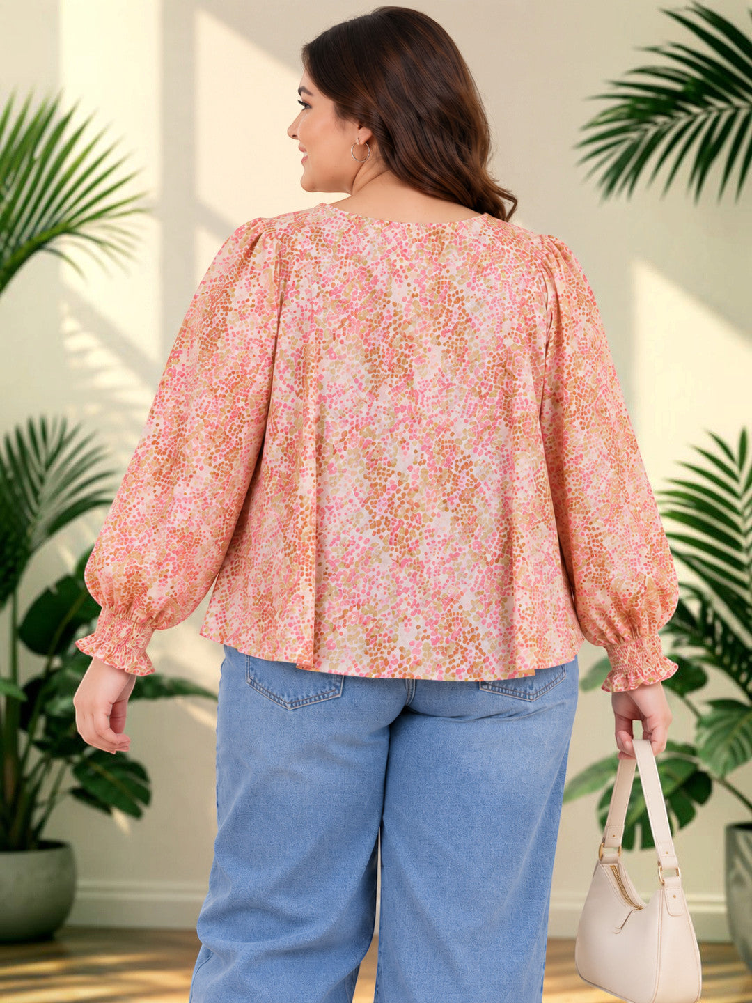 Plus Size Geometric Print Pleated Tie Knot Top by Oxolloxo - image 3