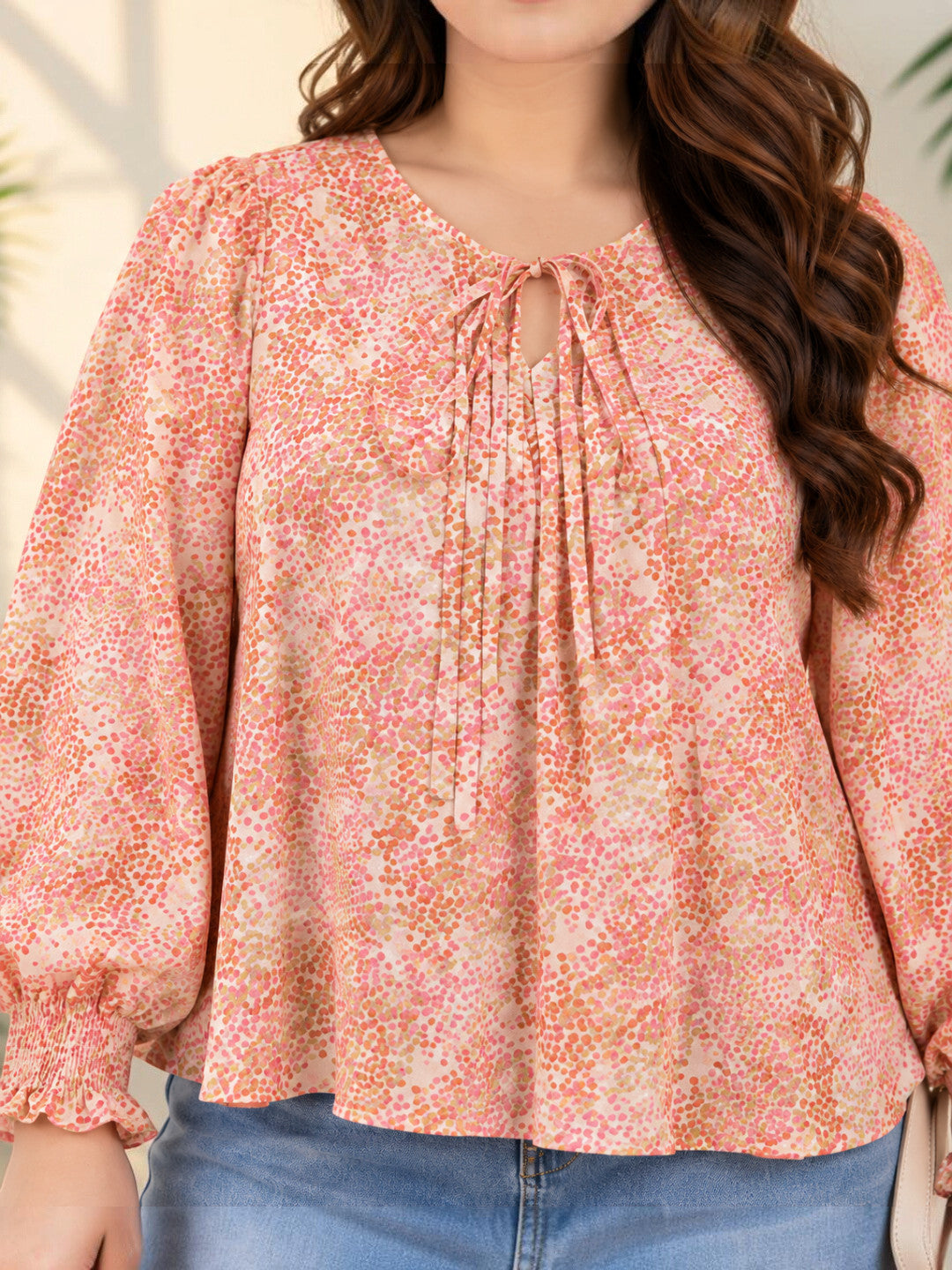 Plus Size Geometric Print Pleated Tie Knot Top by Oxolloxo - image 4