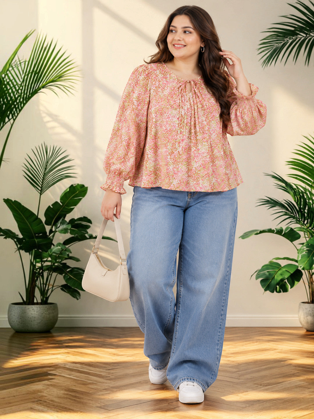 Plus Size Geometric Print Pleated Tie Knot Top by Oxolloxo - image 5