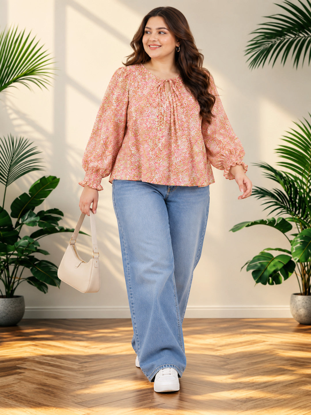 Plus Size Geometric Print Pleated Tie Knot Top by Oxolloxo - image 7