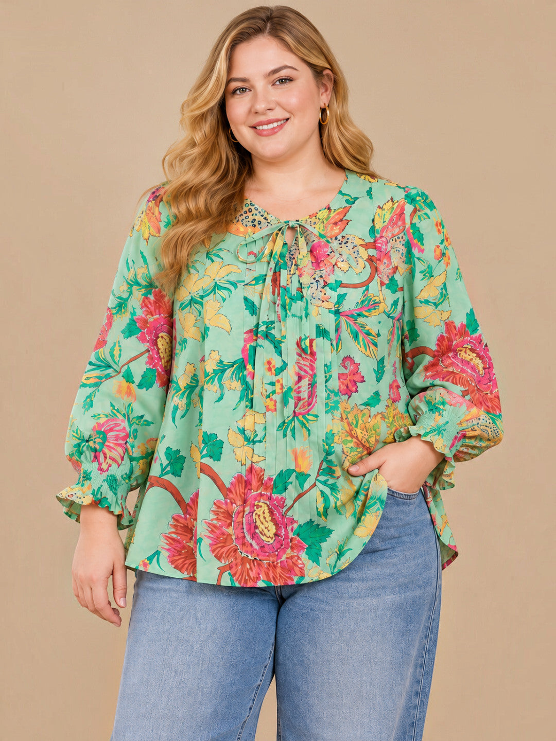 Plus Size Green Print Pleated Tie Knot Top by Oxolloxo