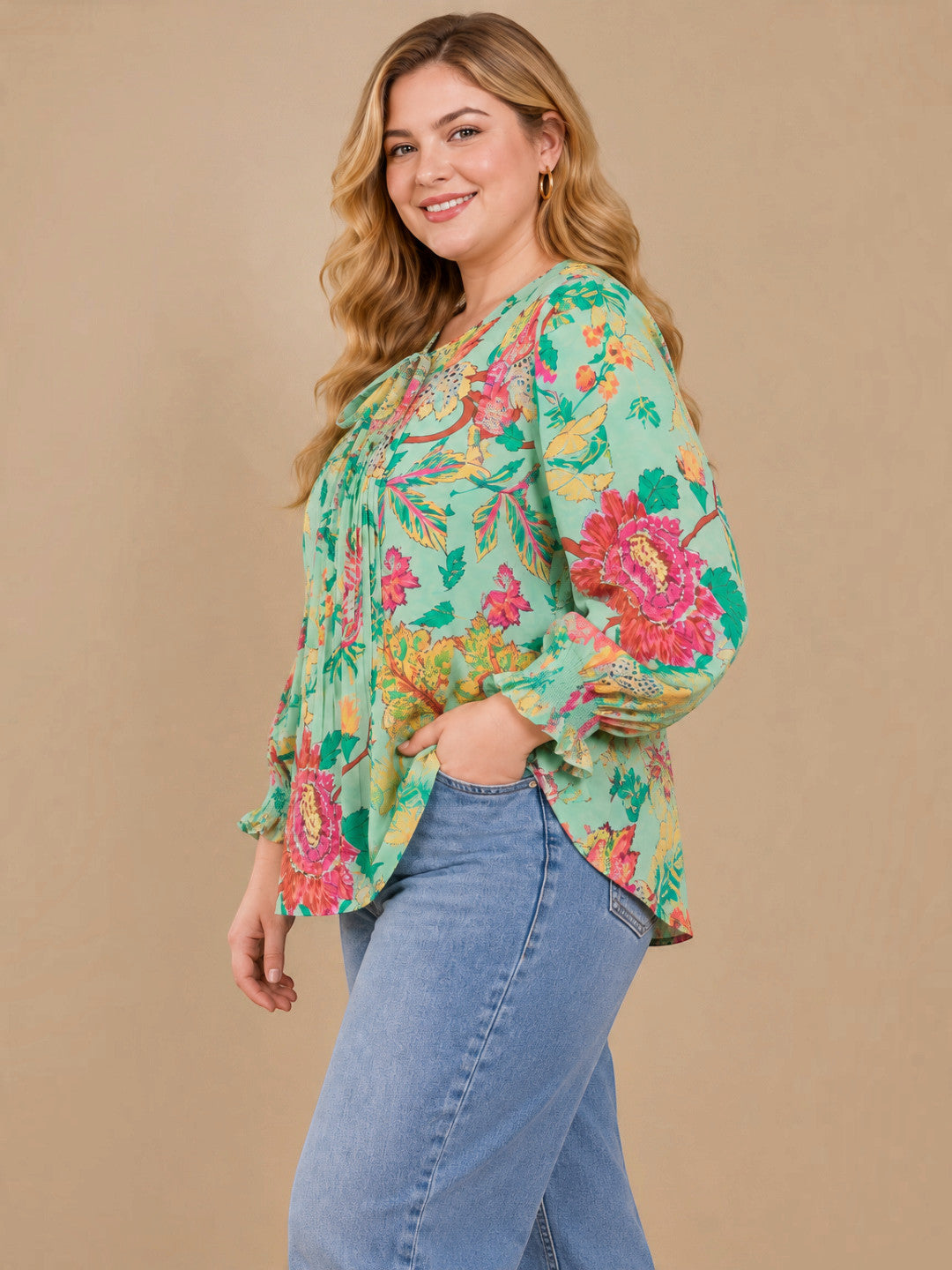 Plus Size Green Print Pleated Tie Knot Top by Oxolloxo - image 2