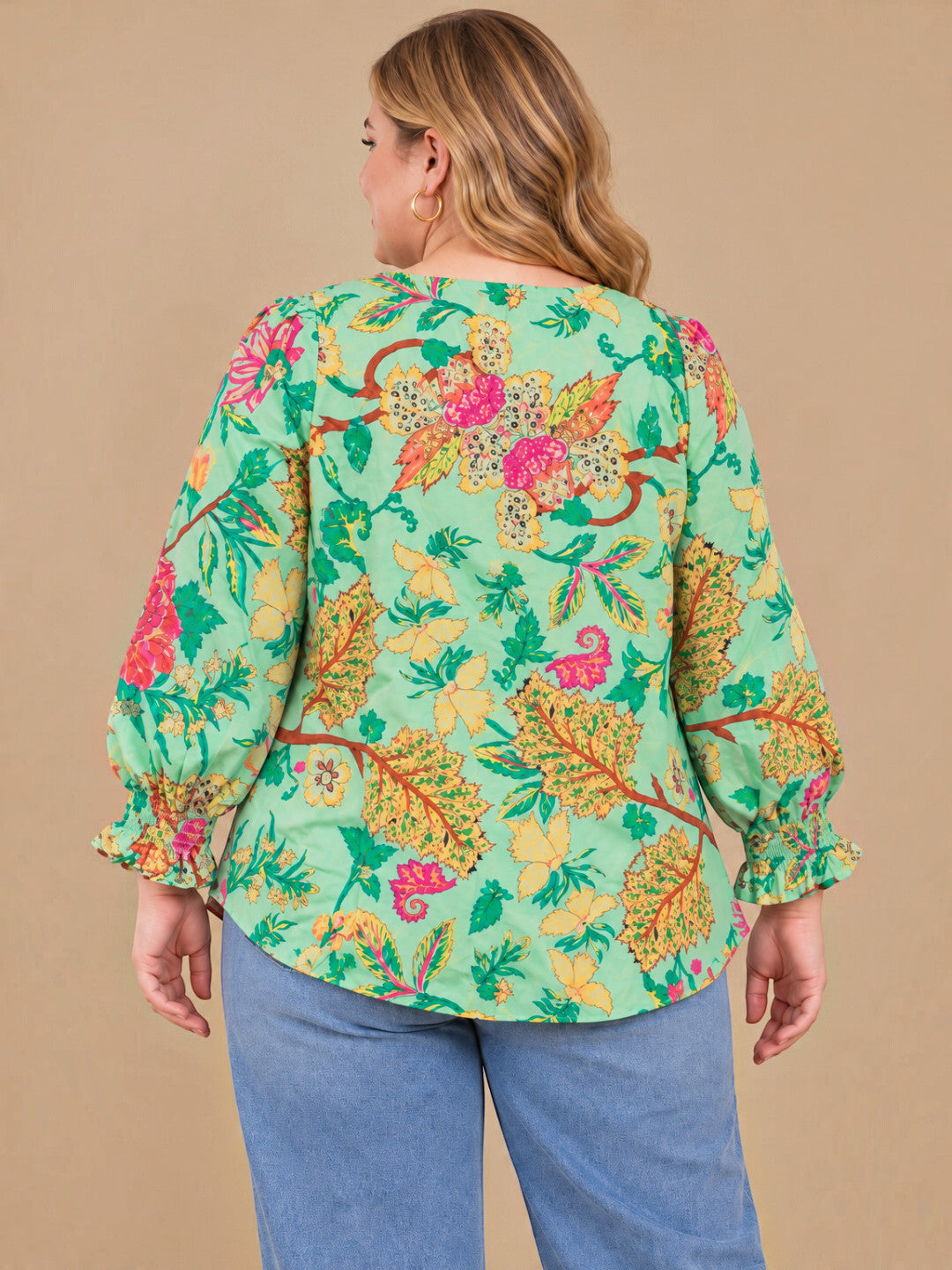 Plus Size Green Print Pleated Tie Knot Top by Oxolloxo - image 3