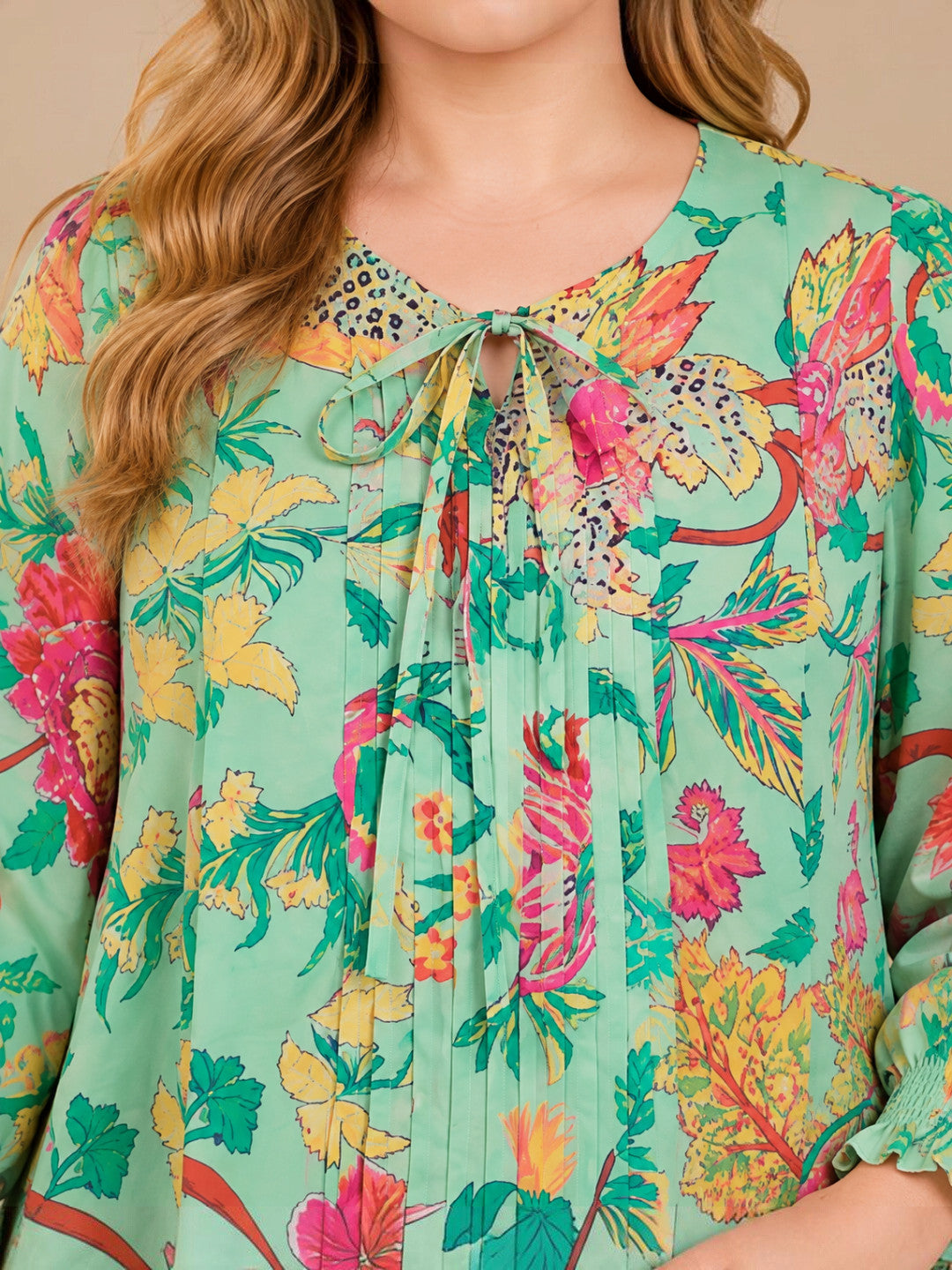 Plus Size Green Print Pleated Tie Knot Top by Oxolloxo - image 4