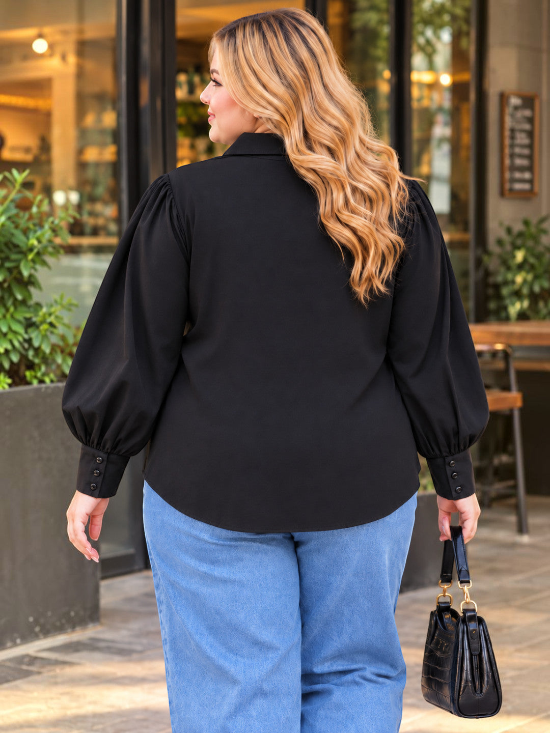 Plus Size Black Lace Yoke Full Sleeve Shirt by Oxolloxo - image 3