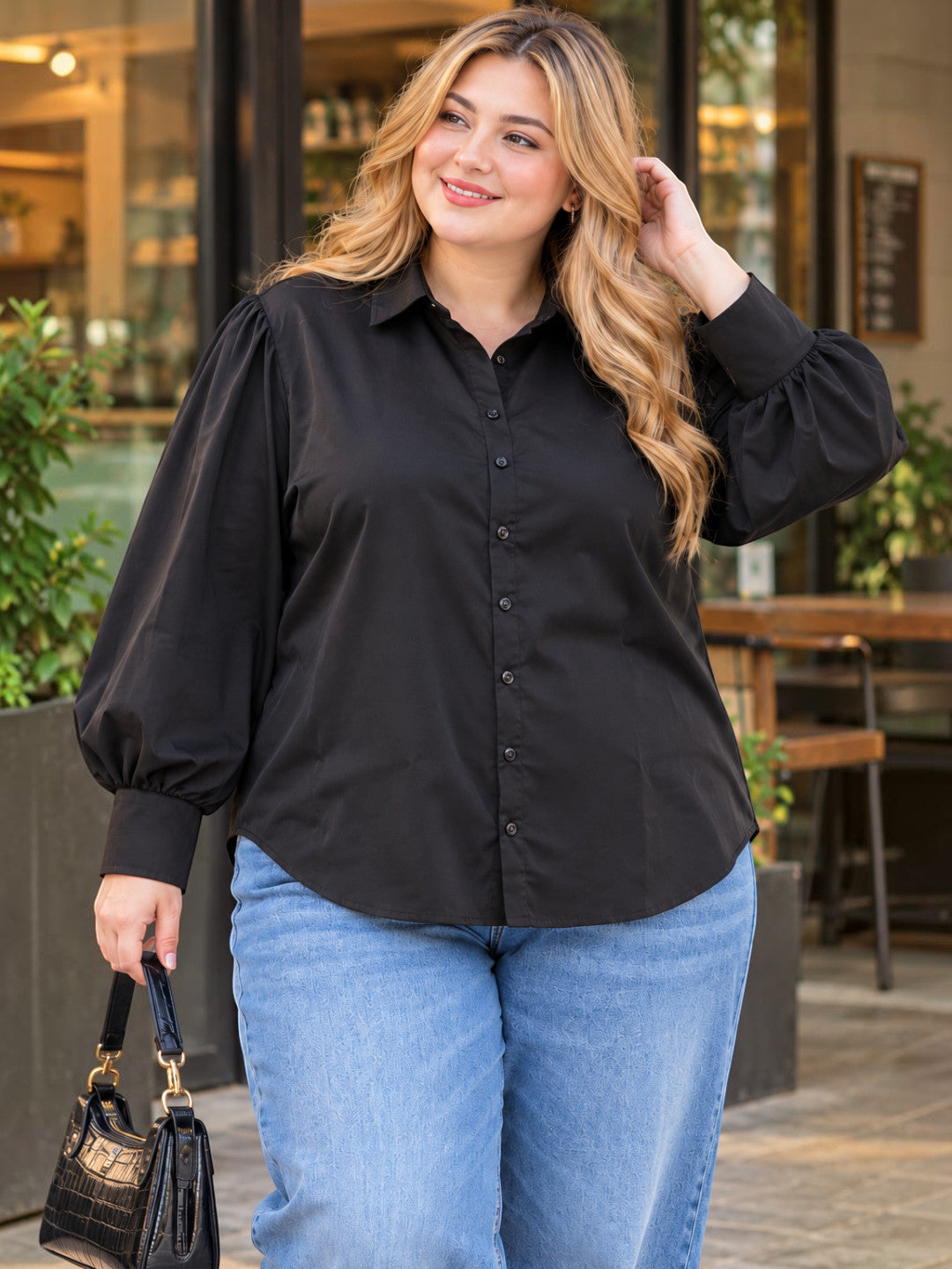 Plus Size Black Lace Yoke Button Shirt by Oxolloxo