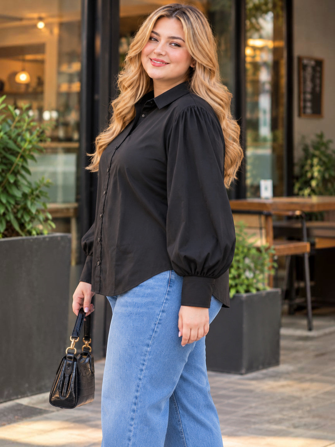 Plus Size Black Lace Yoke Button Shirt by Oxolloxo - image 2