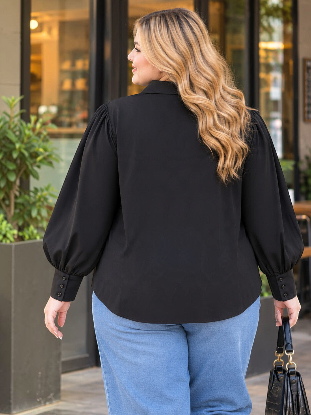 Plus Size Black Lace Yoke Button Shirt by Oxolloxo - image 3