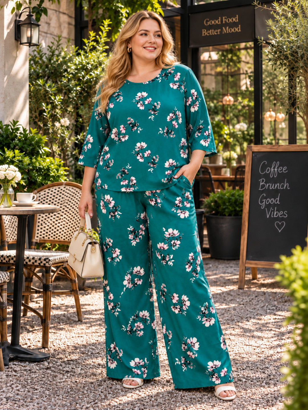 Plus Size Green Floral Print Co-Ord Set by Oxolloxo