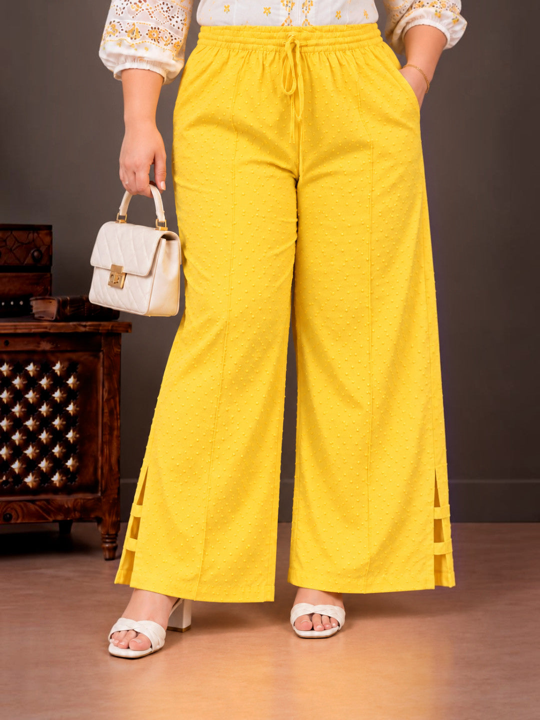 Women Plus Size Oxolloxo Yellow Viscose Dobby Side Slit Details Trouser