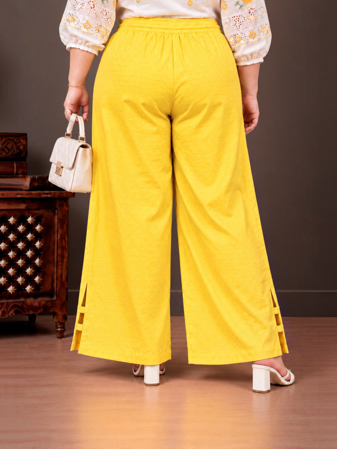Women Plus Size Oxolloxo Yellow Viscose Dobby Side Slit Details Trouser