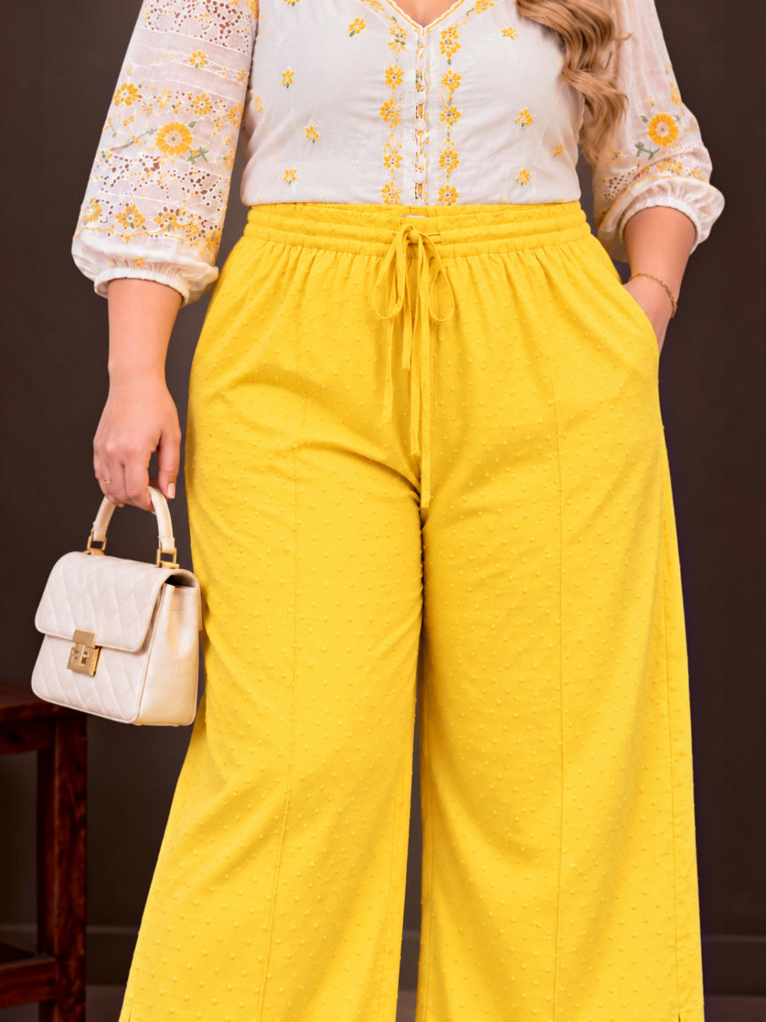 Women Plus Size Oxolloxo Yellow Viscose Dobby Side Slit Details Trouser