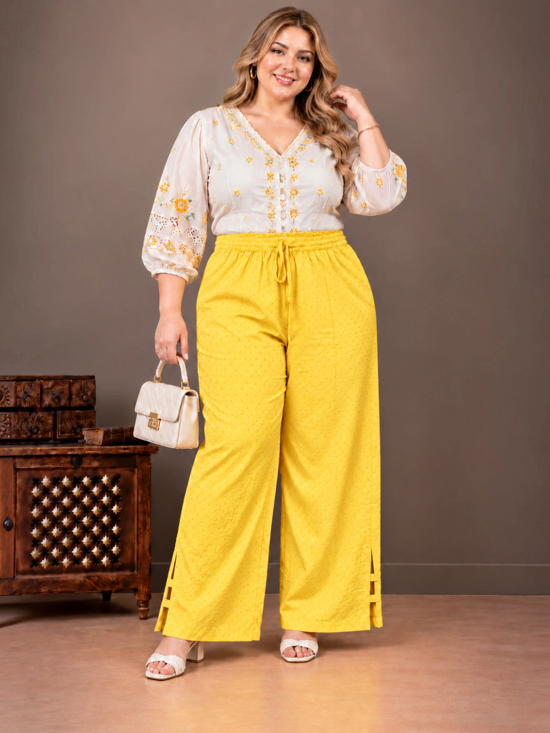 Women Plus Size Oxolloxo Yellow Viscose Dobby Side Slit Details Trouser