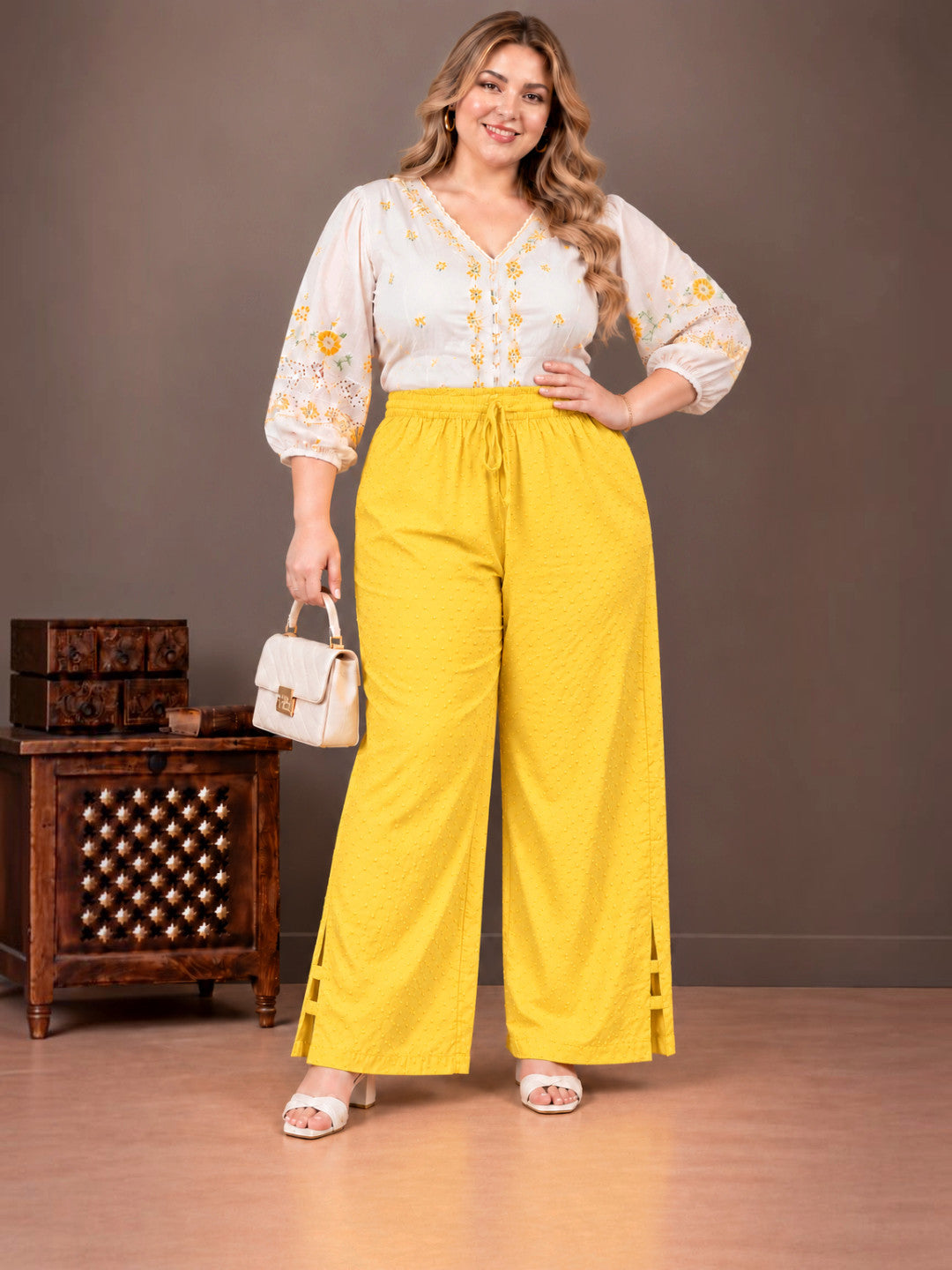 Women Plus Size Oxolloxo Yellow Viscose Dobby Side Slit Details Trouser