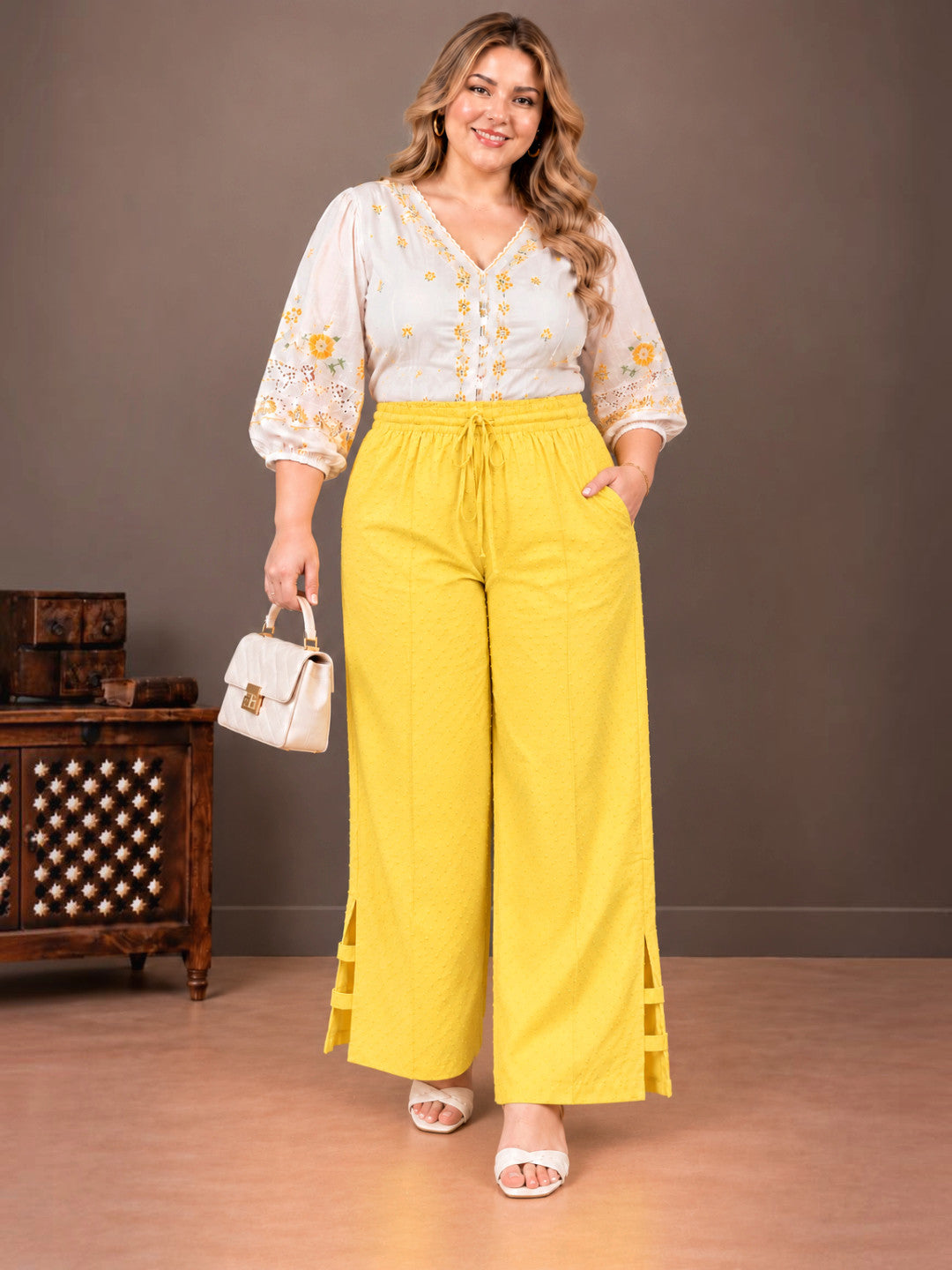 Women Plus Size Oxolloxo Yellow Viscose Dobby Side Slit Details Trouser