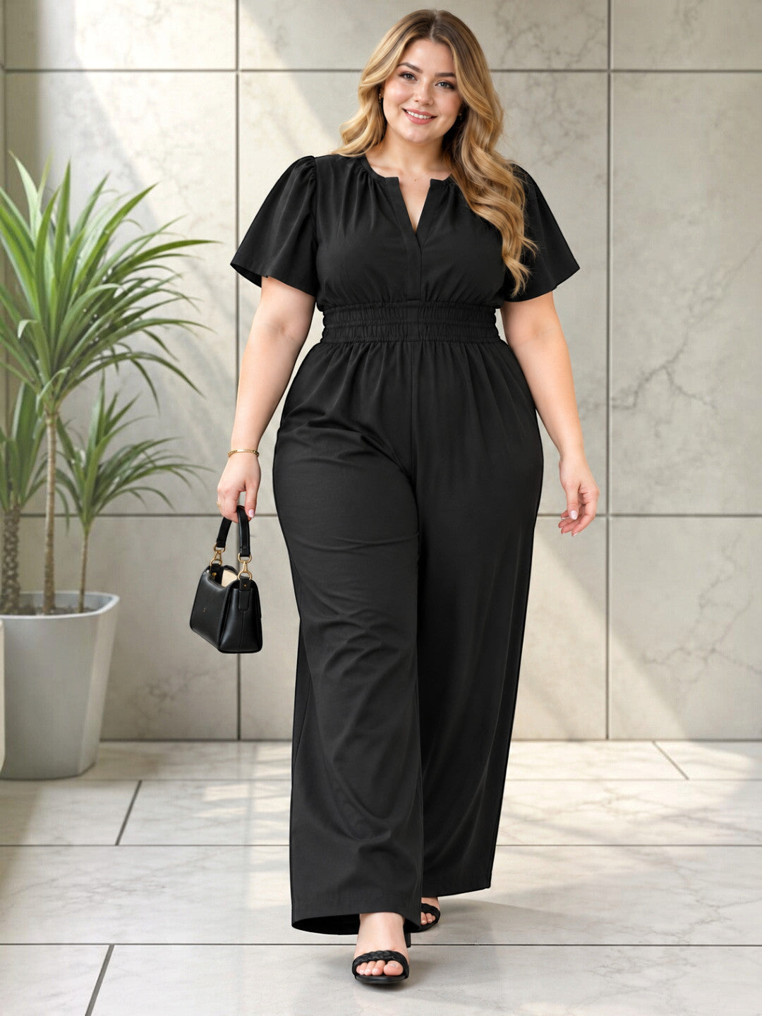 Plus Size Black V-Neck Smocked Jumpsuit by Oxolloxo - image 7