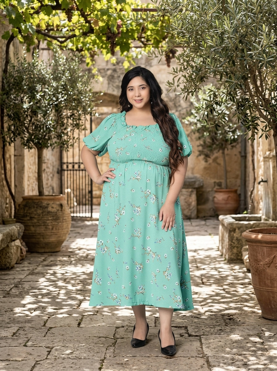 Plus Size Sea Green Floral Printed Dress