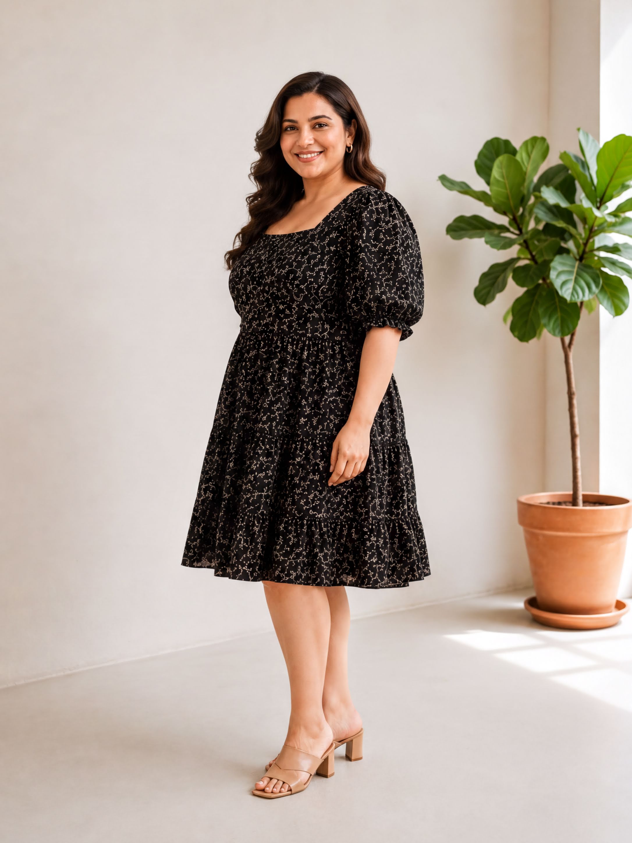 A woman in a black dress with a floral pattern stands in a room with a potted plant to her right.