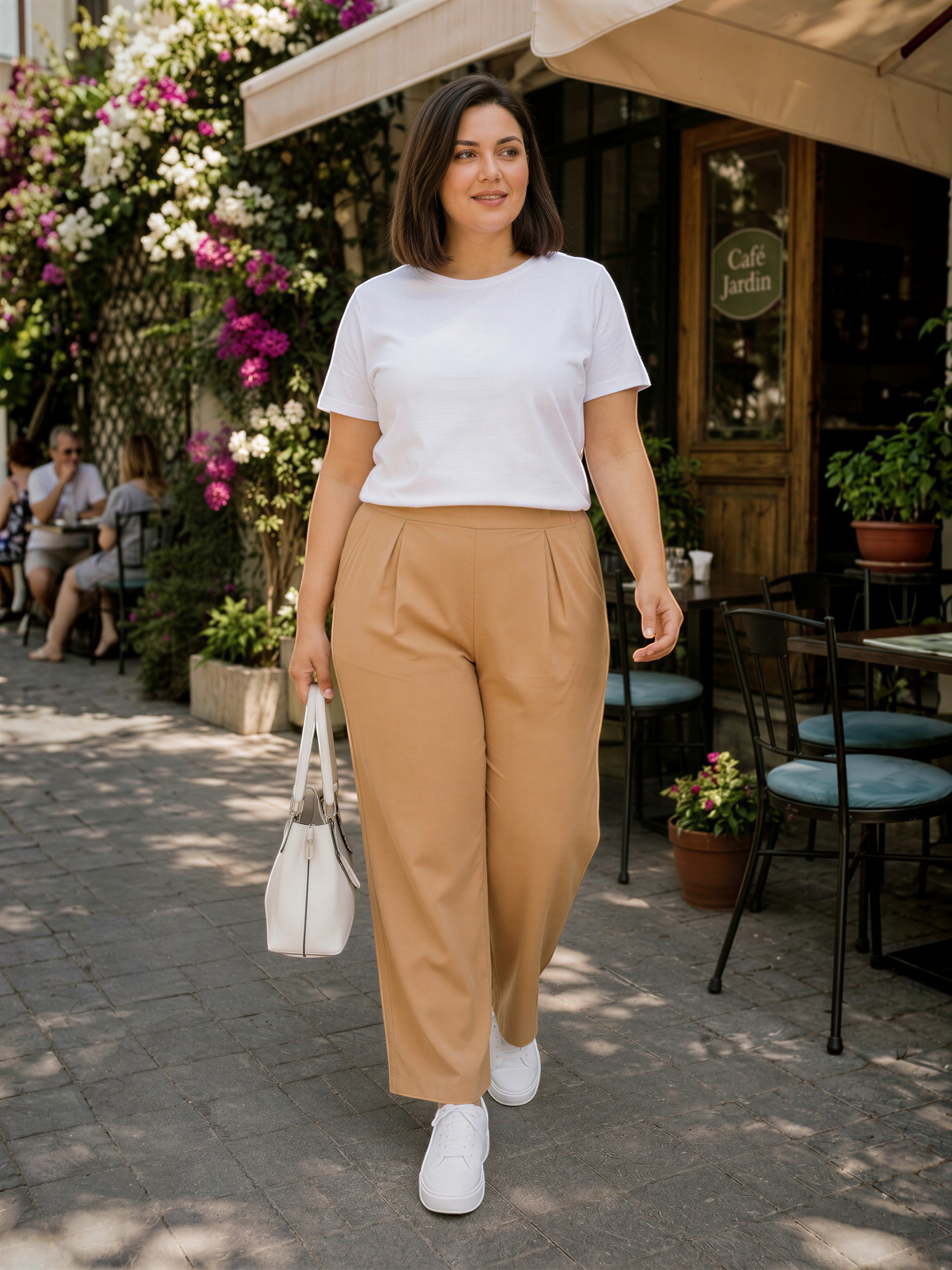 A woman wearing a white t-shirt and tan pants is walking on a sidewalk, carrying a white handbag.