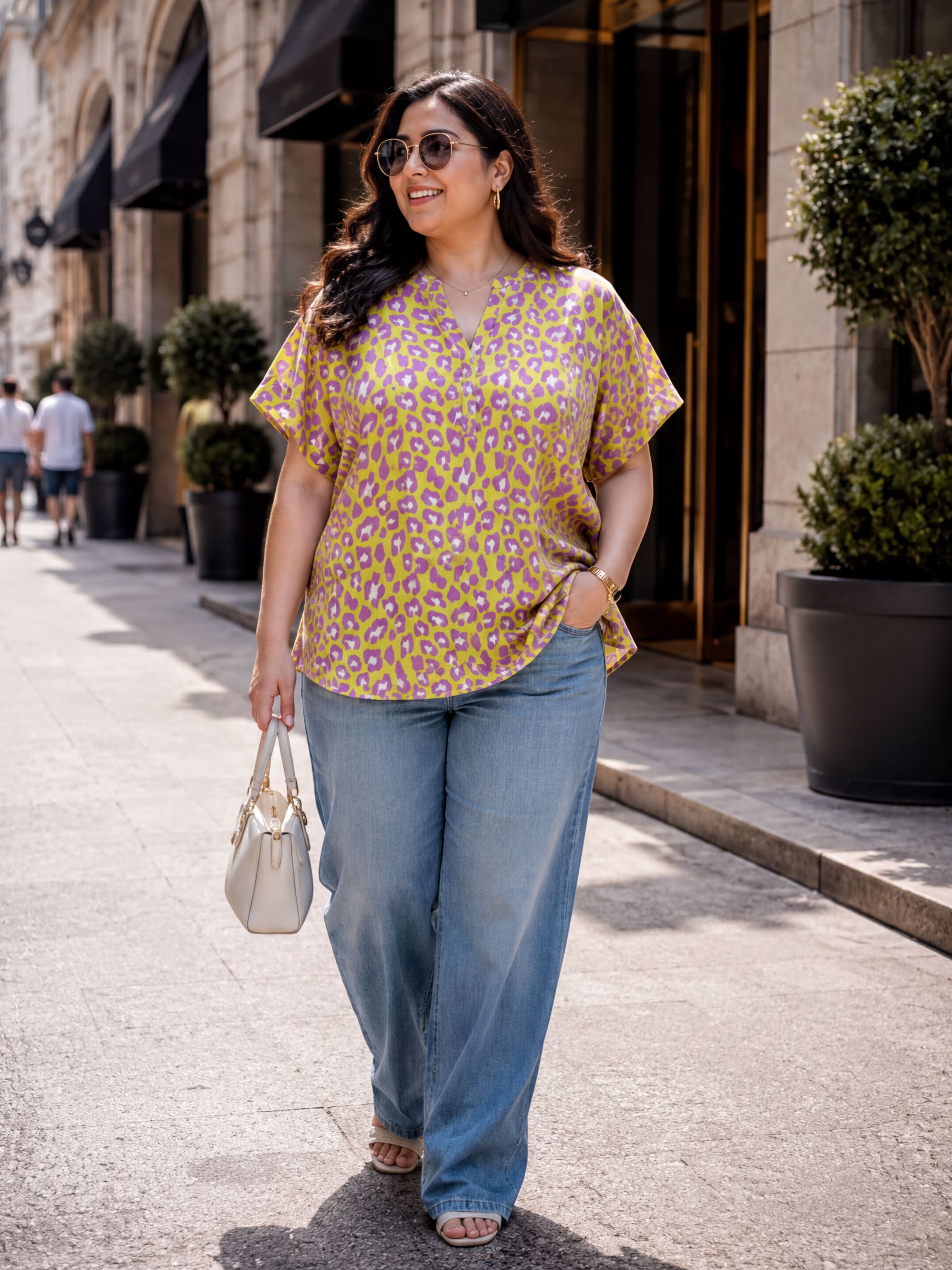 A woman wearing a yellow and purple leopard print blouse and blue jeans is walking down a city street, carrying a white handbag.