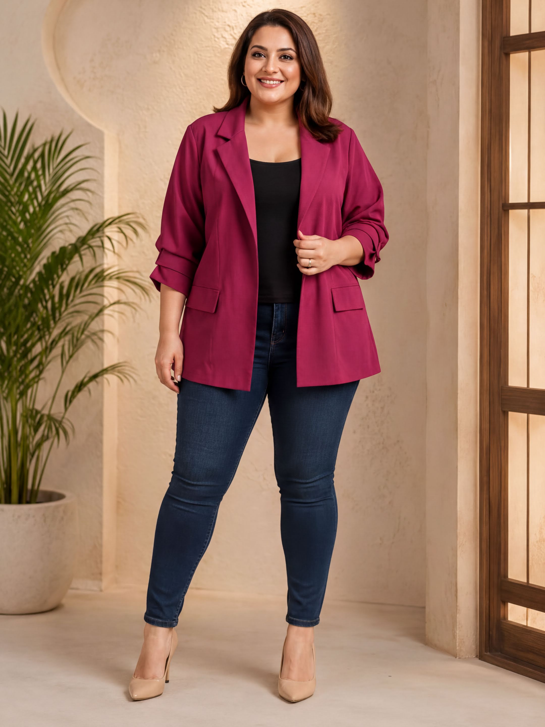 A woman wearing a red blazer, blue jeans, and heels is standing in a room with a plant in the background.