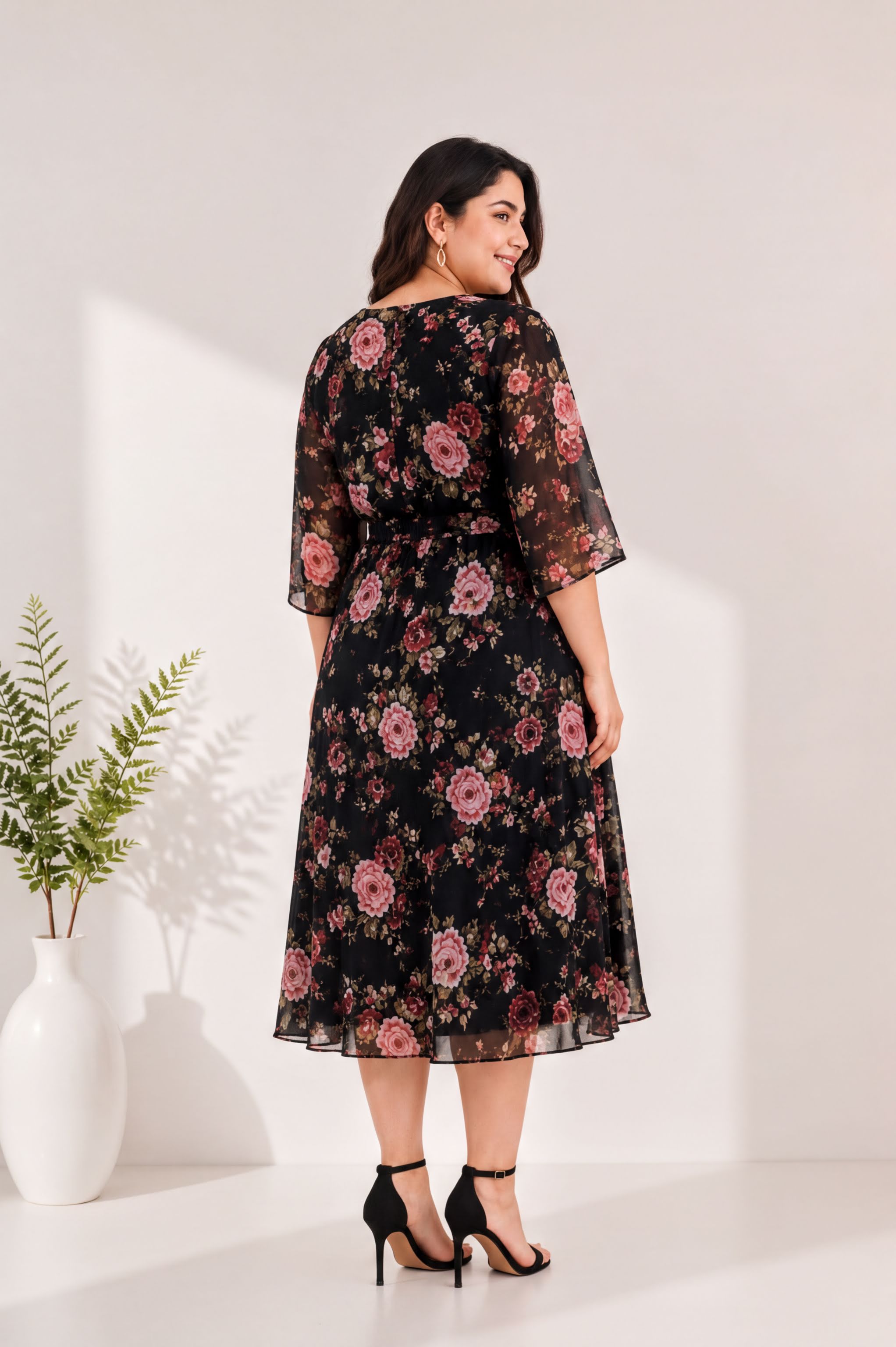 A woman wearing a black floral print dress with a high neckline and flared sleeves stands in front of a white wall, with a potted plant to her left.