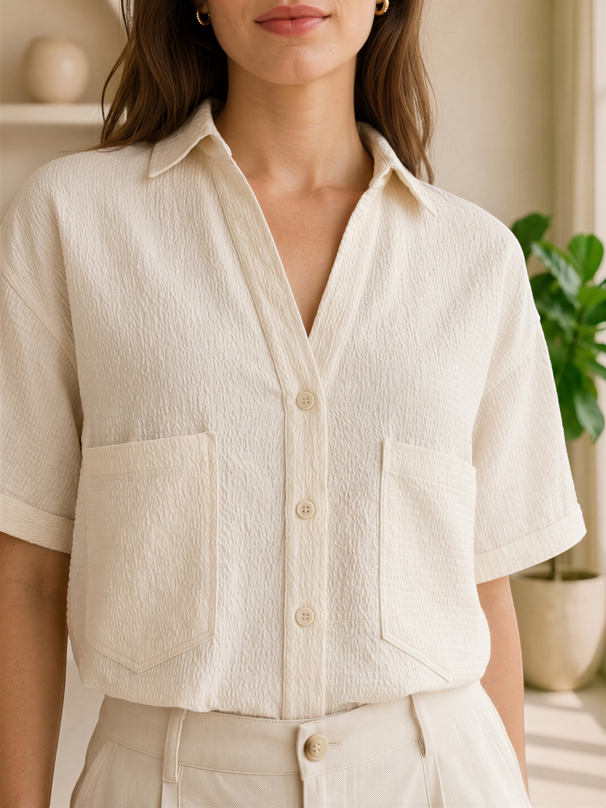 A woman wearing a cream-colored button-up shirt and white pants stands in front of a window with a plant in the background.