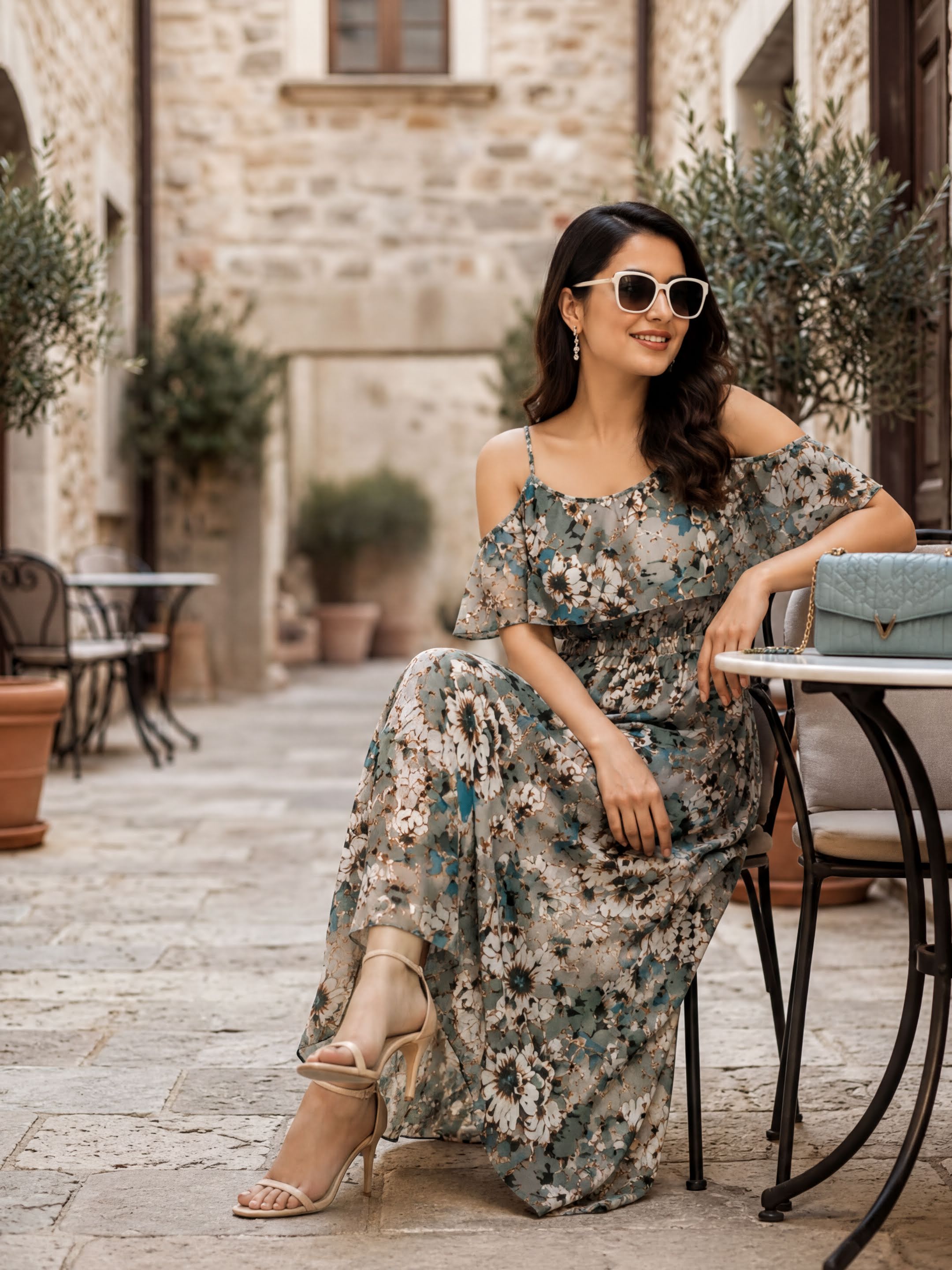 A woman in a floral print dress and sunglasses is sitting at an outdoor table, smiling and looking to the side.
