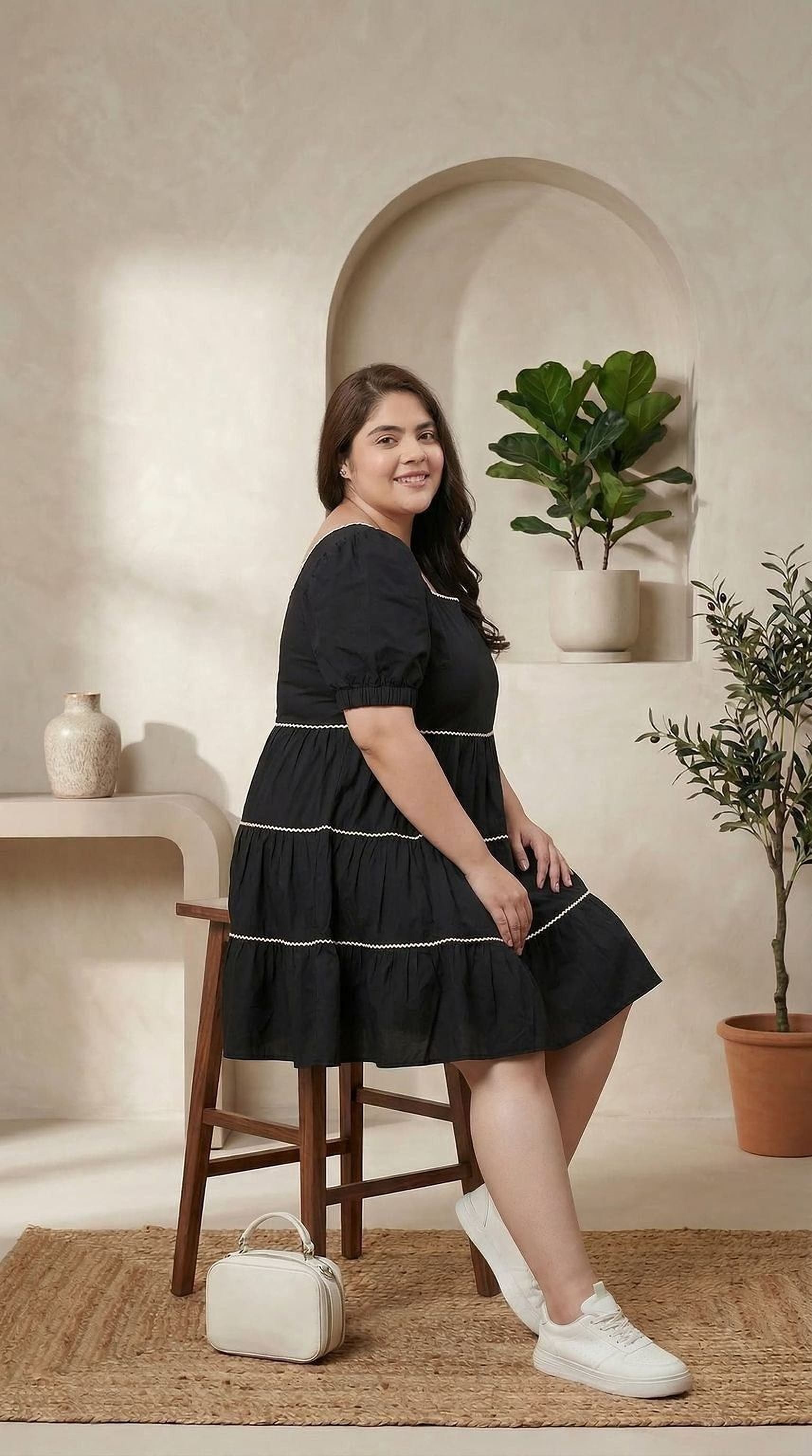 oxolloxo black cotton tiered dress with square neckline and puffed sleeves, white piping detail
