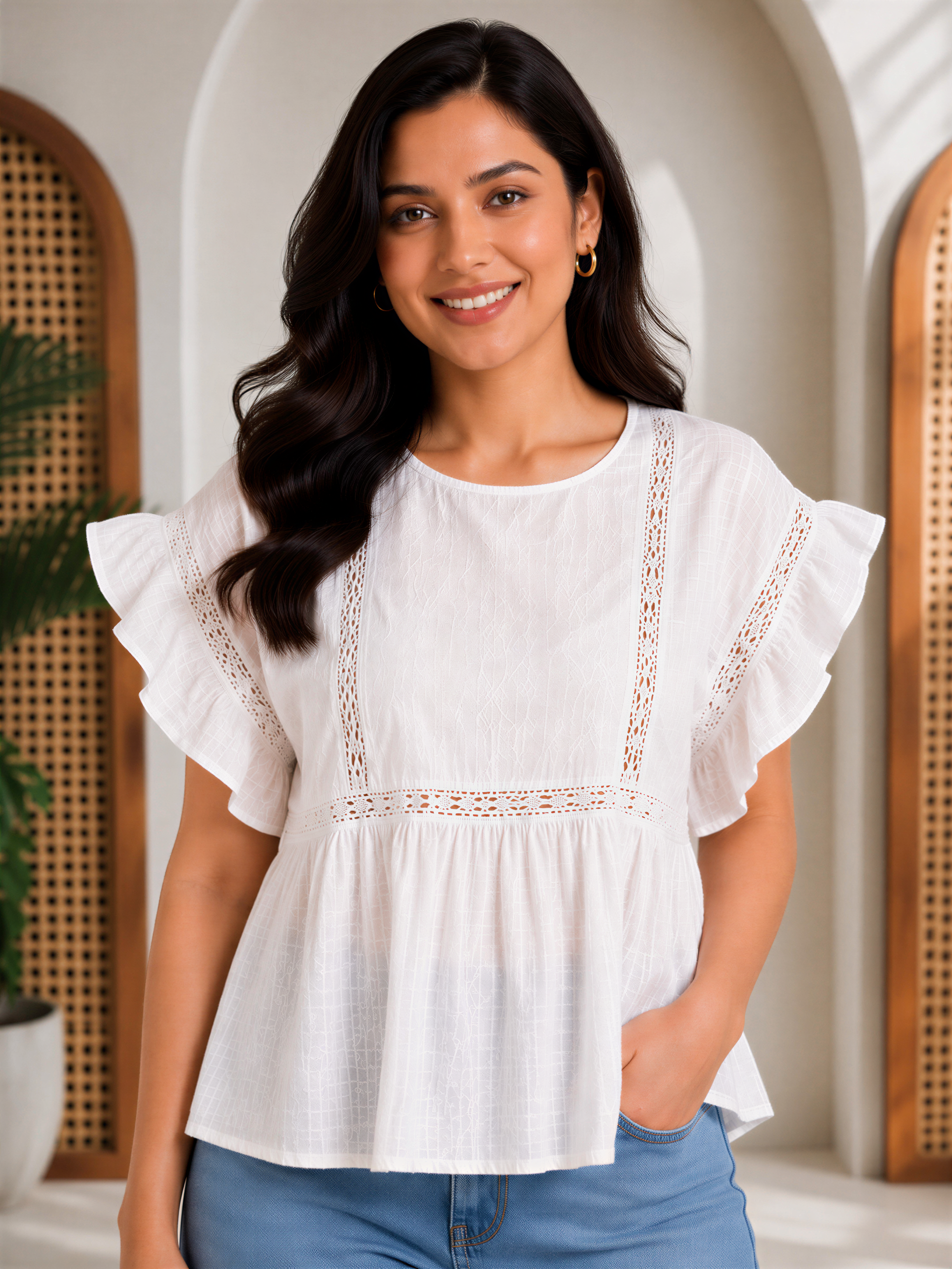 A young woman with long dark hair is smiling and posing in a white blouse with ruffled sleeves and a lace like pattern on the front. She is wearing blue jeans and standing in front of a wooden archway.