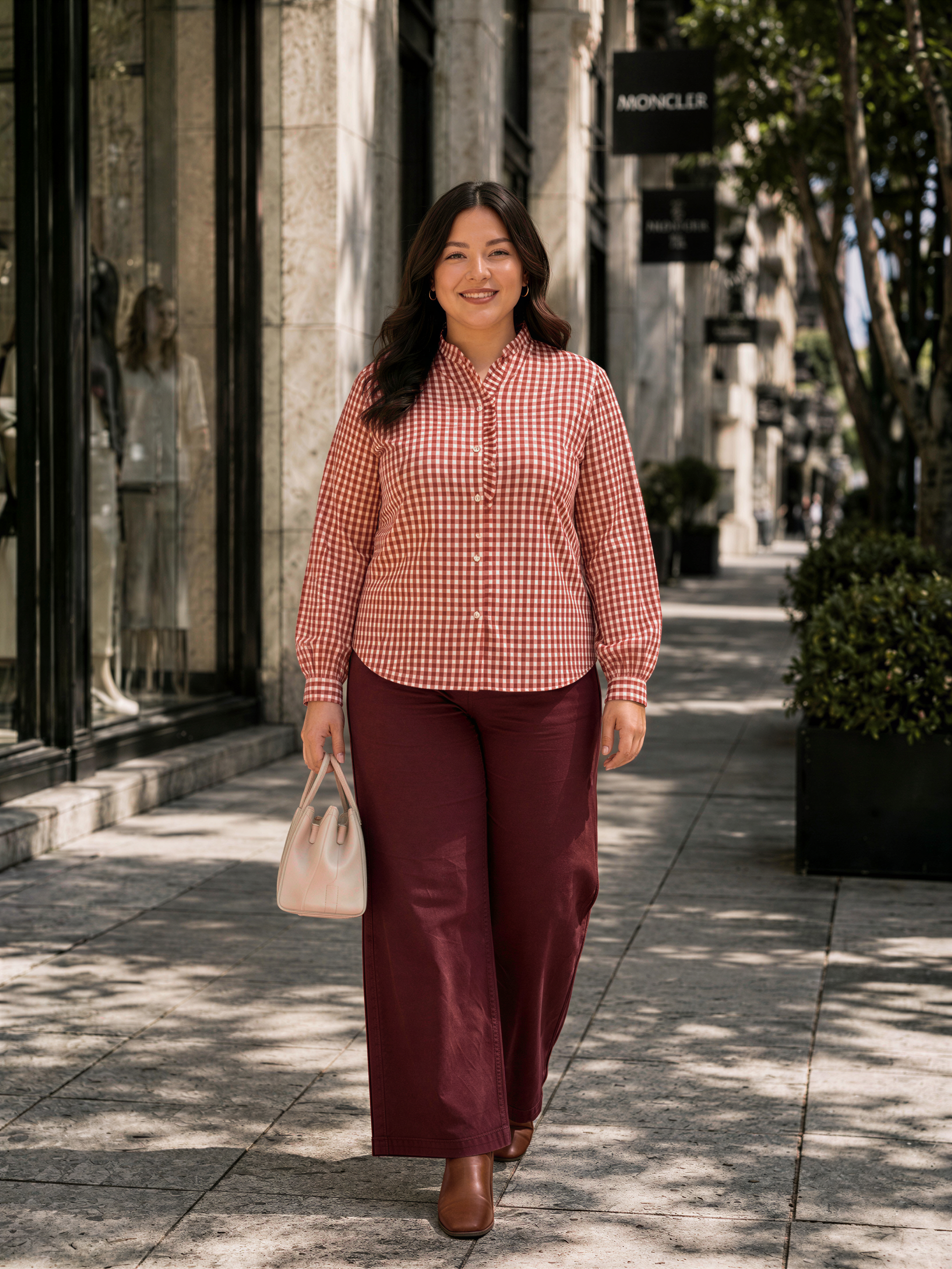 A woman wearing a red and white checkered shirt and burgundy pants is walking down a city sidewalk, carrying a white purse.