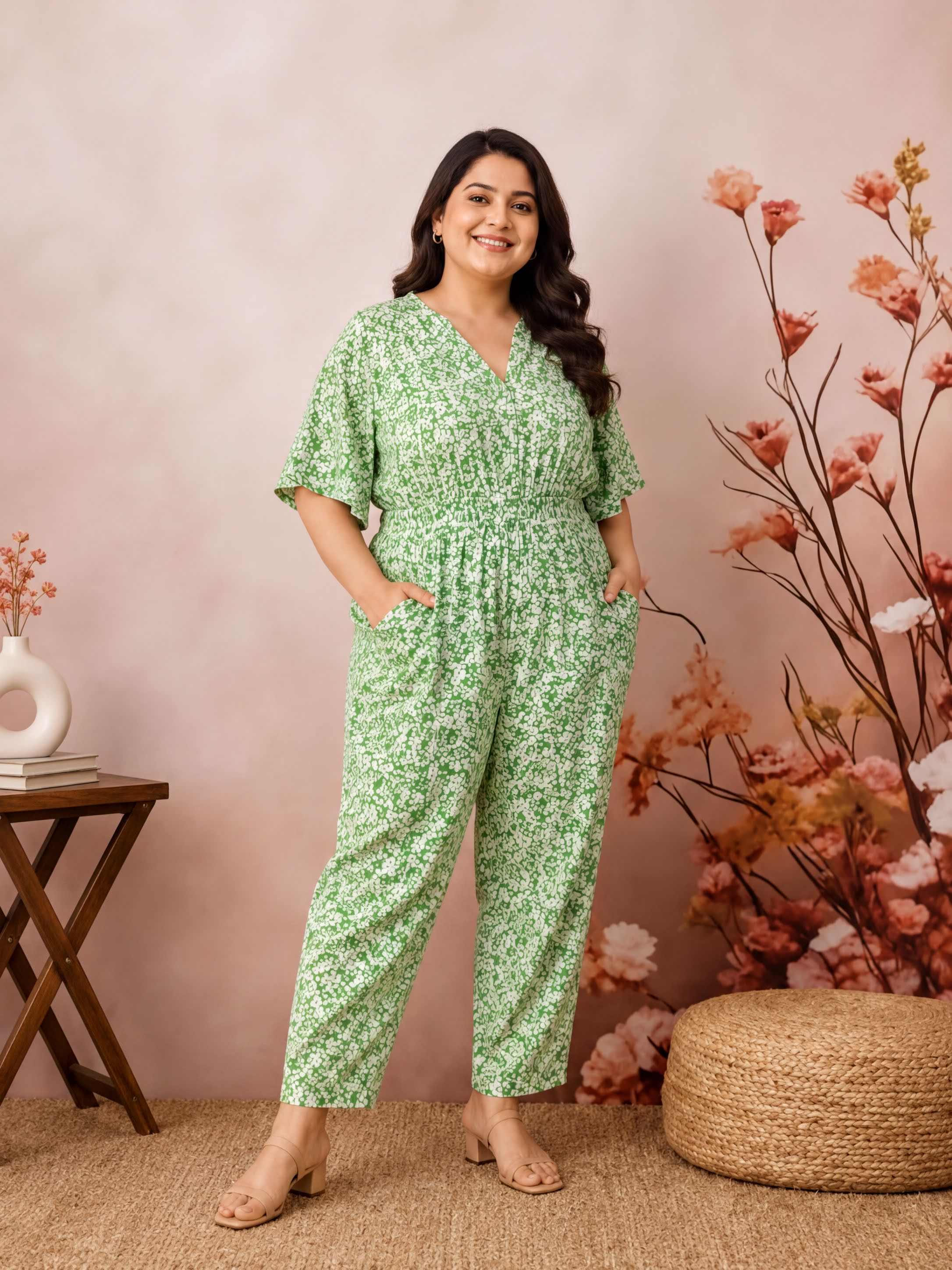 A woman wearing a green floral jumpsuit stands in front of a floral wall, smiling at the camera.