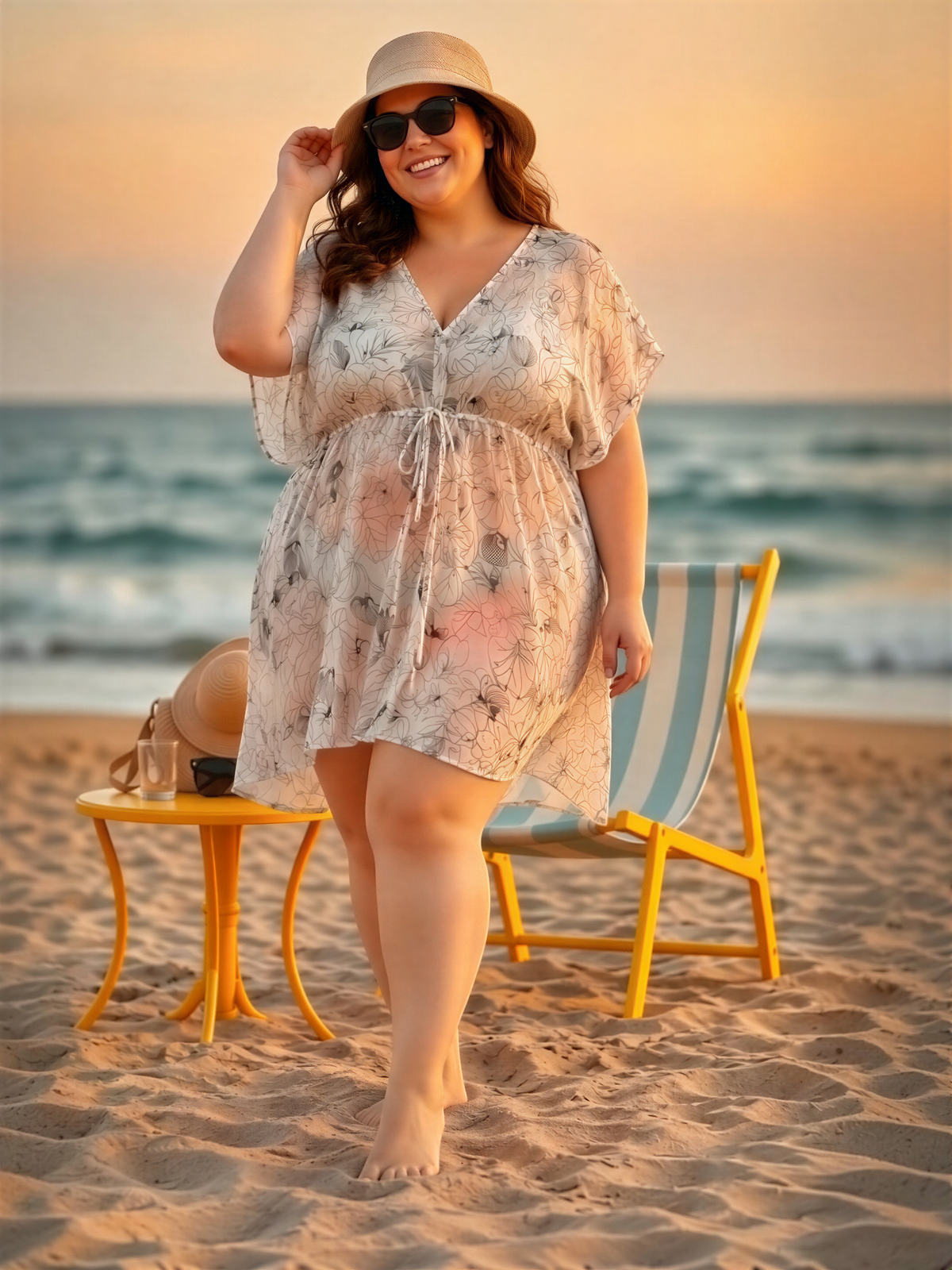 A woman in a floral print dress and hat stands on a sandy beach, smiling and looking directly at the camera.