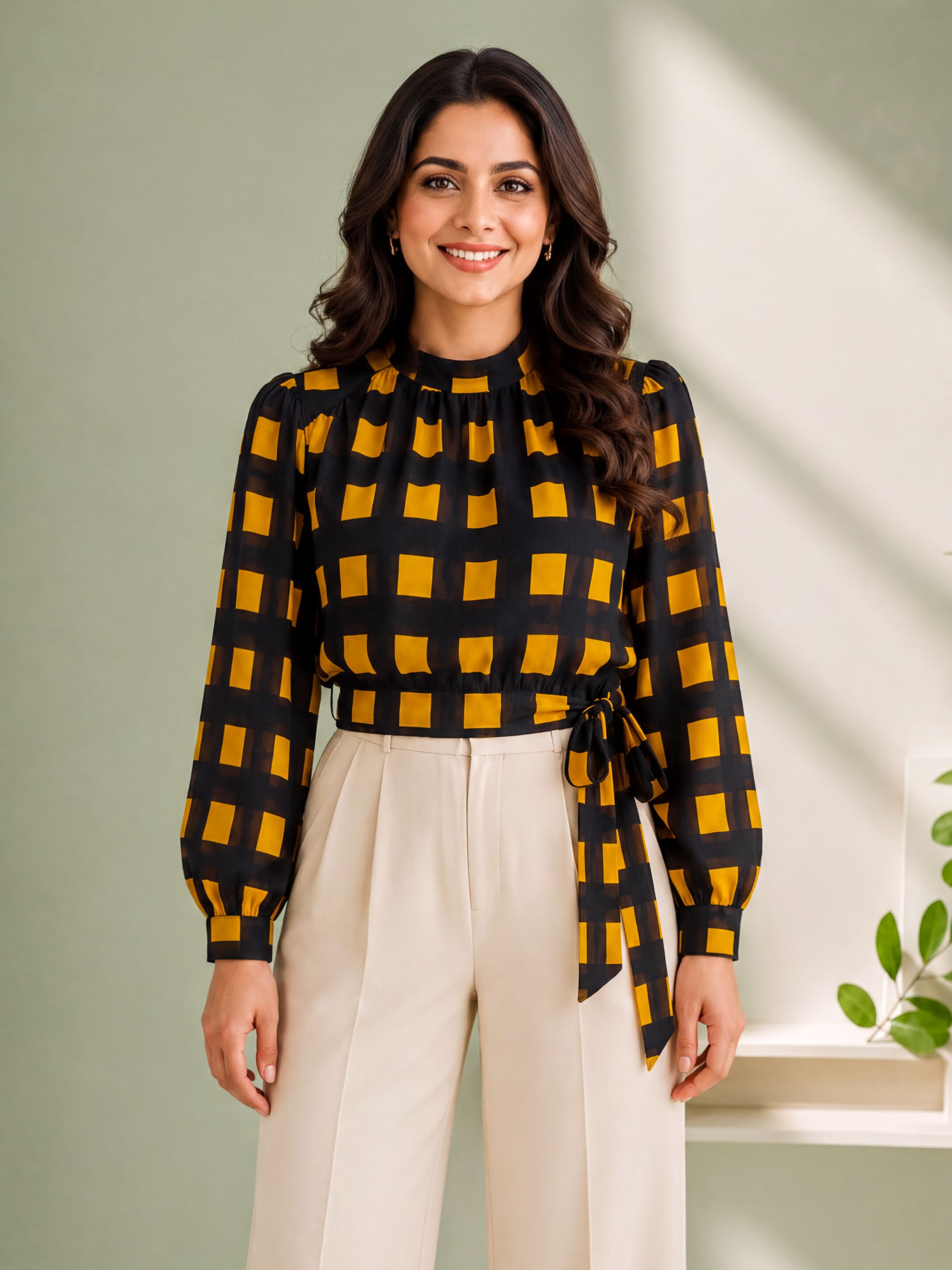 A woman with long dark hair is smiling and wearing a black and yellow checkered blouse with a high neck and long sleeves, paired with white pants.