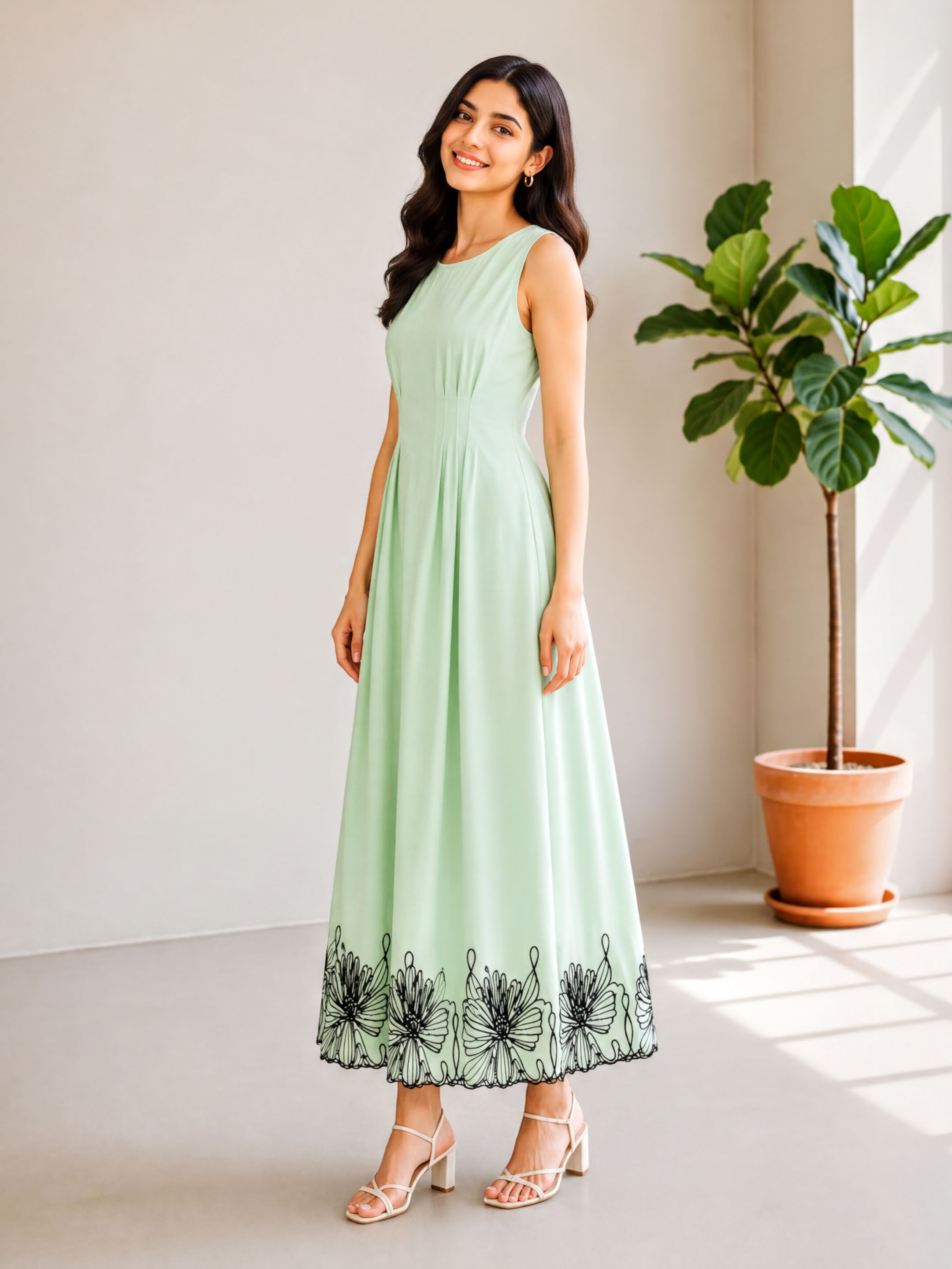 A woman wearing a mint green sleeveless dress with black floral embroidery stands in a room with a potted plant.