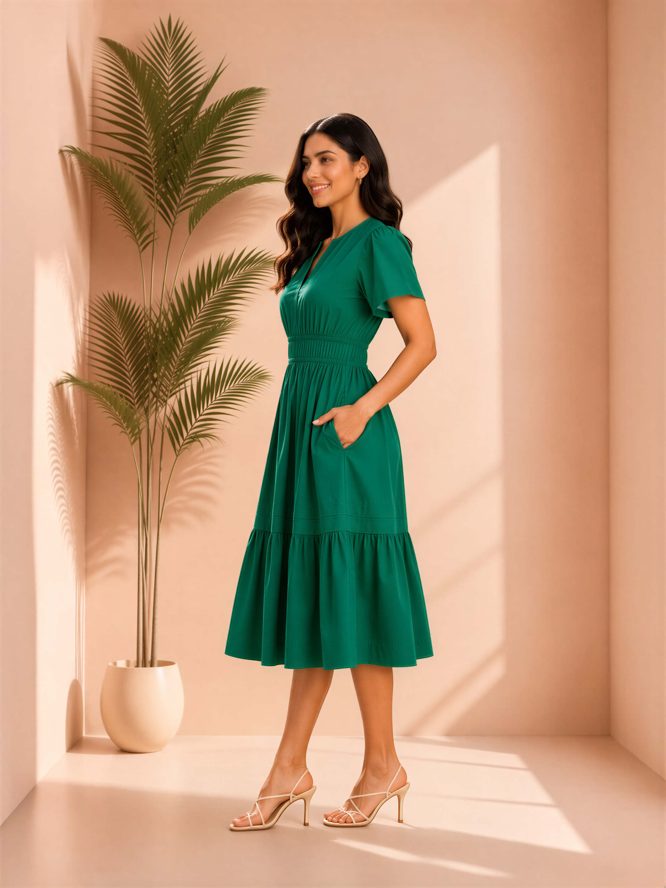 A woman in a green dress stands in a room with a potted plant and a pink wall.