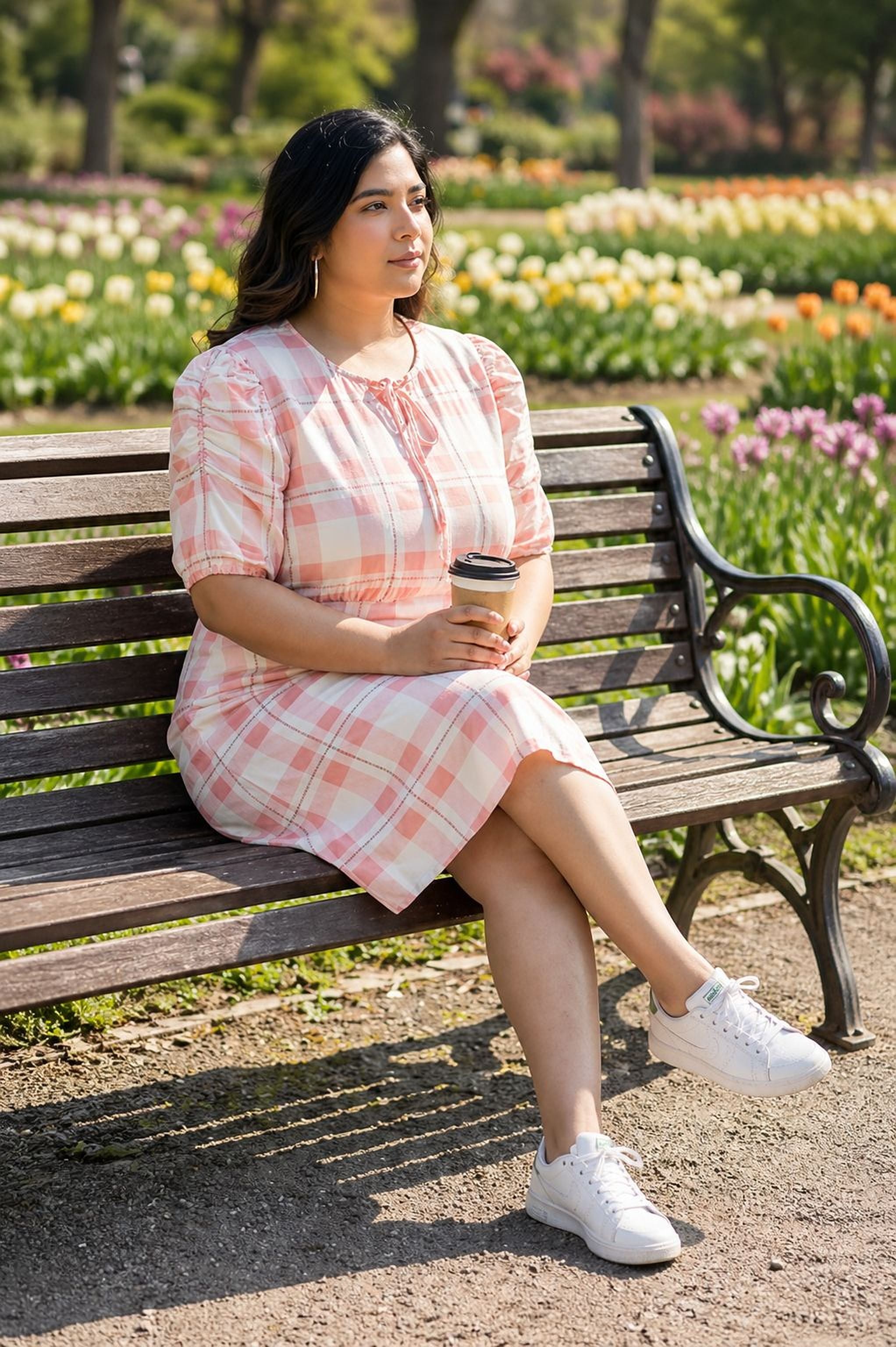 Woman in pink plaid dress sitting on park bench holding coffee, floral garden background